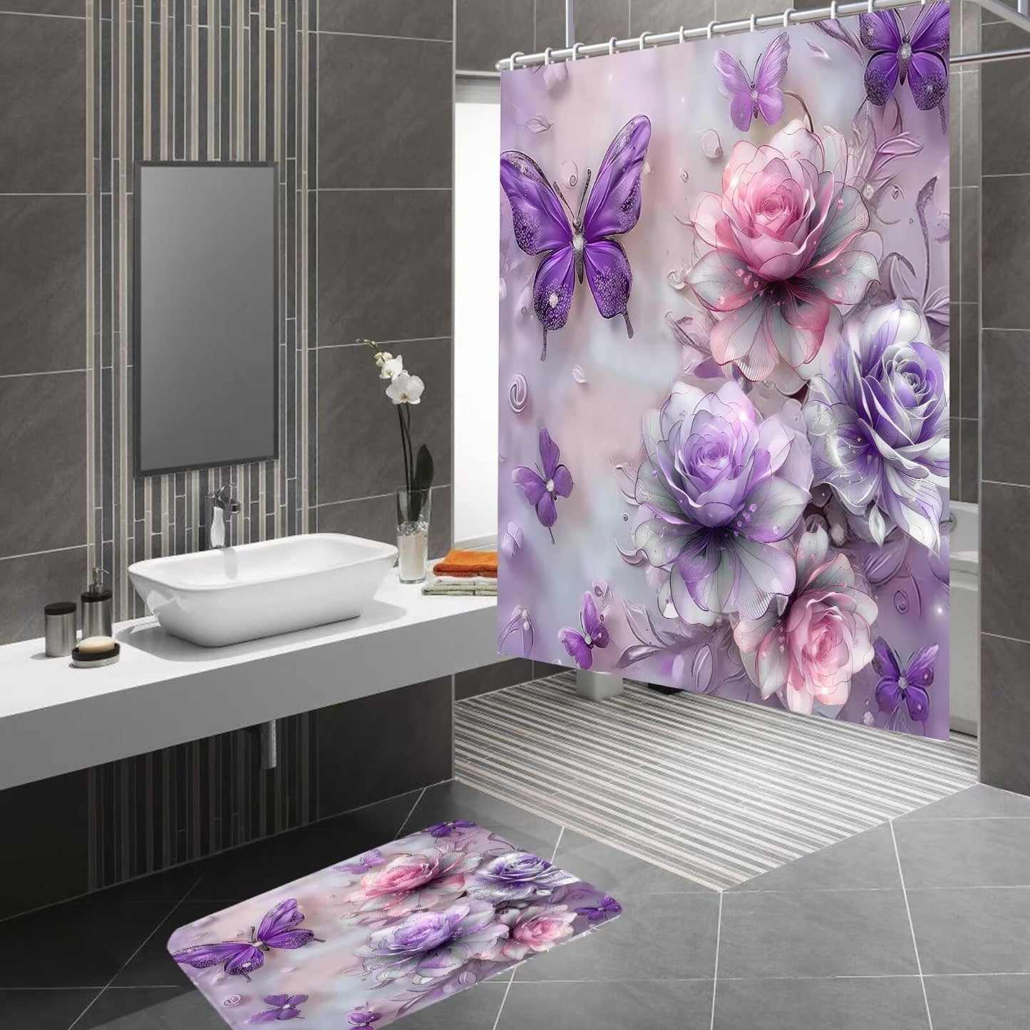 DDQQ 4Pcs Purple Glitter Floral Shower Curtain Set Bathroom Sets Butterfly Diamond Shower Curtain with 12 Hooks Bathroom Decor with Rugs Bath Accessories with Mats Toilet Lid Cover