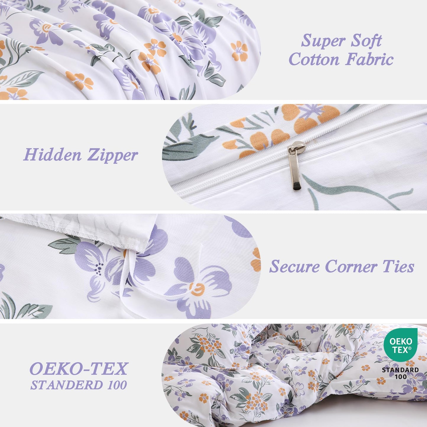 Ocharo Purple Floral 100% Cotton Duvet Cover King Size,Reversible Modern Orange Floral Bedding Set Cotton with Zipper Closure,Soft 3 Pieces Chic Abstract Flowers Comforter Cover with 2 Pillow Shams