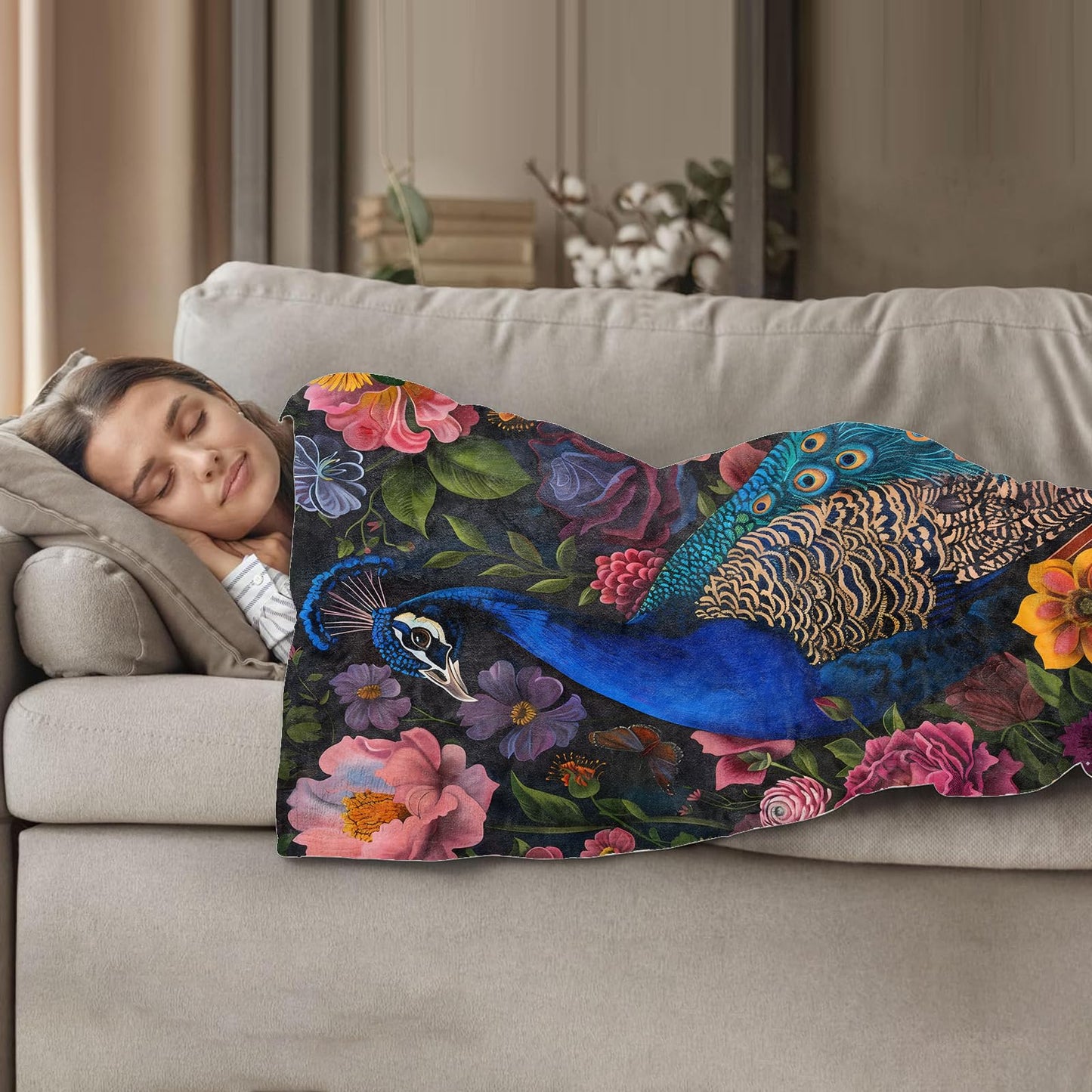 Plistiz Floral Peacock Throw Blanket, 50x60 Inch, Exotic Bird Blankets for Bedroom Decor, Garden Flannel Throw, Gifts for Nature Lovers Women
