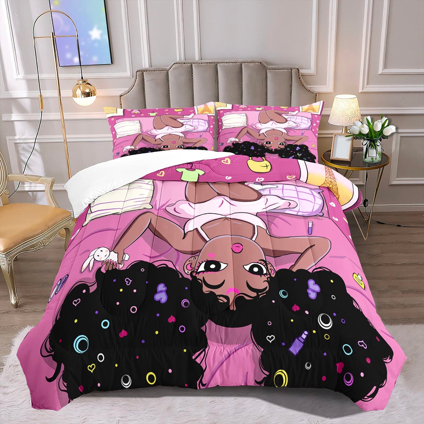 Jiospet Black Girl Comforter Set African Girls Full Comforter Set, Girl Full Size Girls Bedding Set, Full Size Comforter Sets for Teen Adults, Pink, 1 Comforter+2 Pillowcases