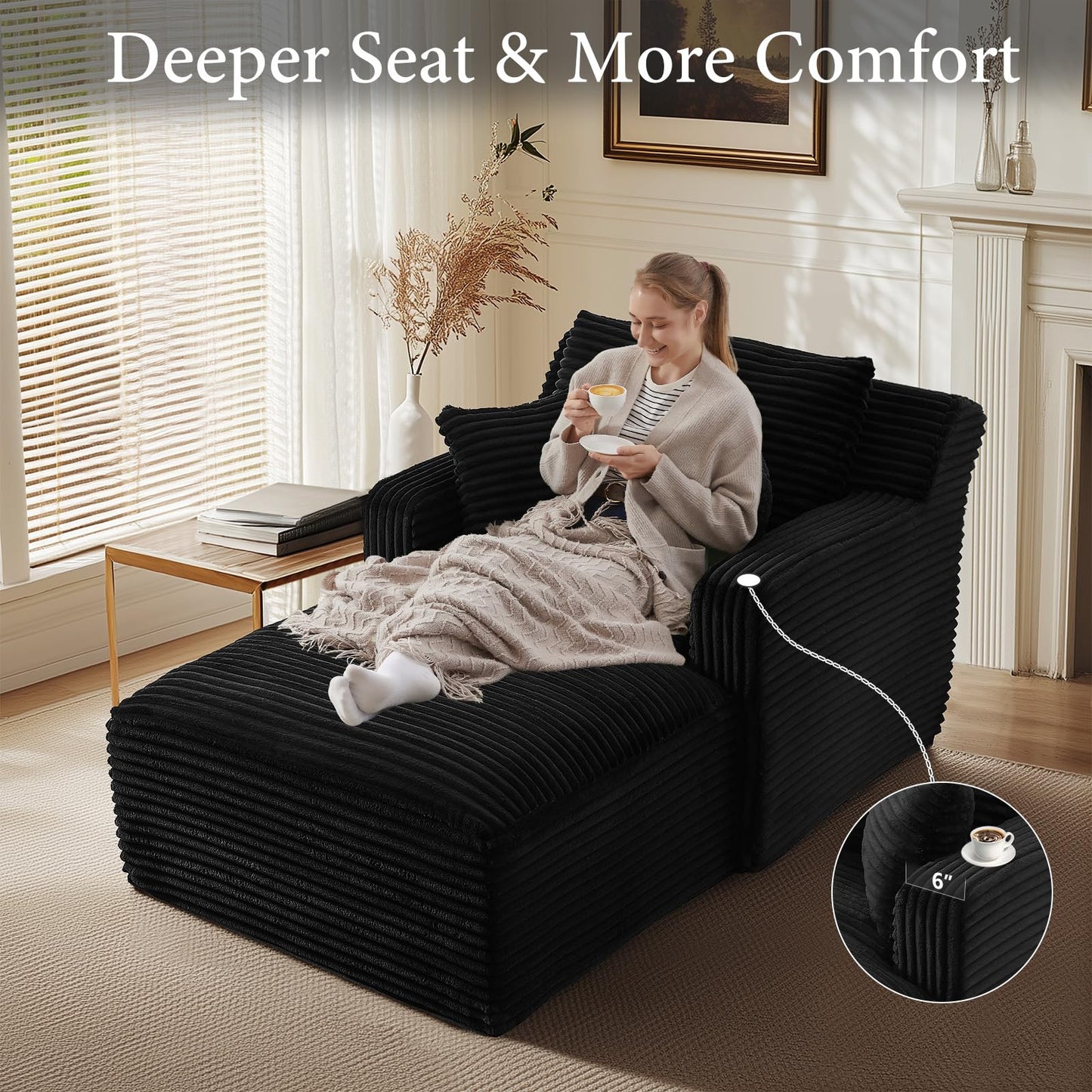 VEPXXP 65.4" Chaise Lounge Chair Indoor, Oversized Boneless Couch Comfy Upholstered Sleeper Sofa Bed with 3 Pillows, Corduroy Cloud Reading Chair for Living Room No Assembly Required, Black