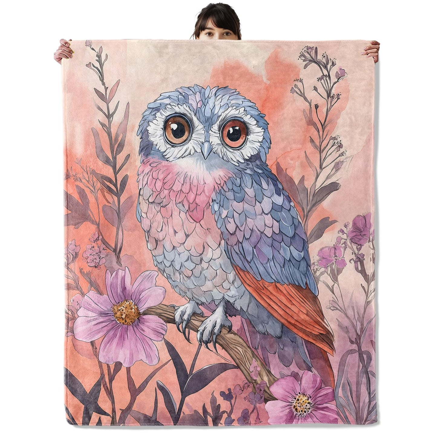 onlcuk Pastel Floral Owl Blanket, Cozy Flannel Cute Pretty Owls Throw Blanket, Soft Fuzzy Blankets for Travel Home Decor, All Season Lightweight Couch Bed Cover, Gifts for Women Adults Kids 50"×60"
