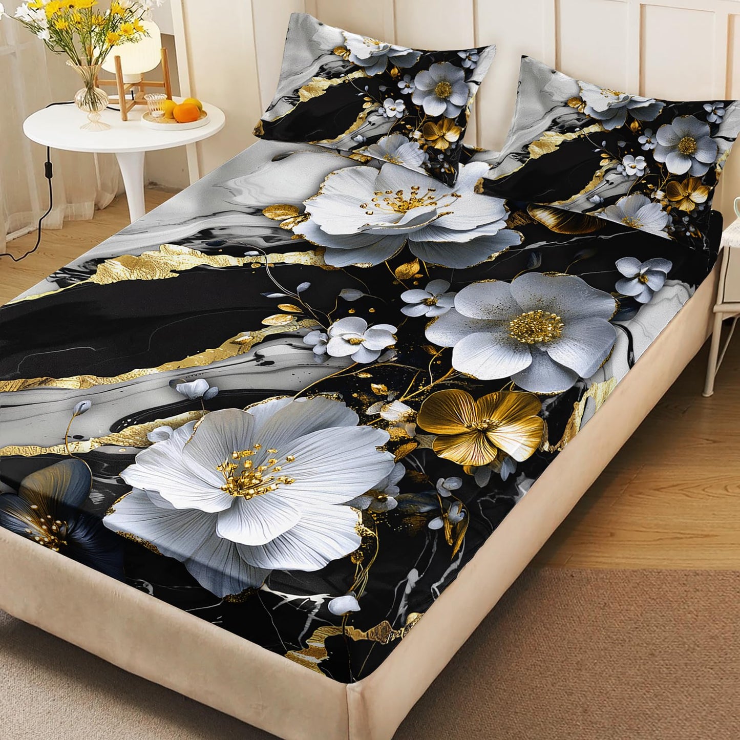 AILONEN Black and White Floral Fitted Sheet Set Queen Size, 3D White Flower Bedding Set for Kids Teends Adults,Marble Style Bed Sheet Set,1 Fitted Sheet and 2 Pillowcases,3Pcs