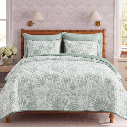 BLOOMHAVEN Quilt Set Queen Size, Storn Grey Tropical Quilt Sets, Reversible Bedspread Lightweight and Breathable for All Seasons, Soft Quilted Bedspread with 2 Pillow Shams