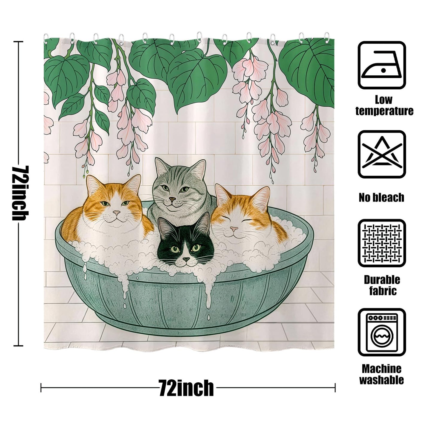 Kanuyee Adorable Cats Shower Curtain Set Cozy Plant Pot Design Waterproof Bathroom Shower Curtain Cute Feline Group Print Charming Home Decor 72x72 Inch