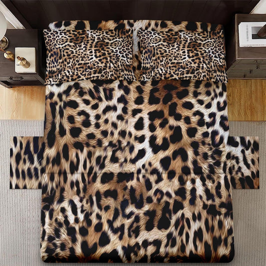 WeCozy 4 Pcs Queen Size Bed Sheet Sets with 2 Pillowcases, Leopard Cheetah Animal Soft Microfiber Bedding for Kids and Adults, Brown Vintage Flat, Fitted Sheet for Bedroom Bed Decor