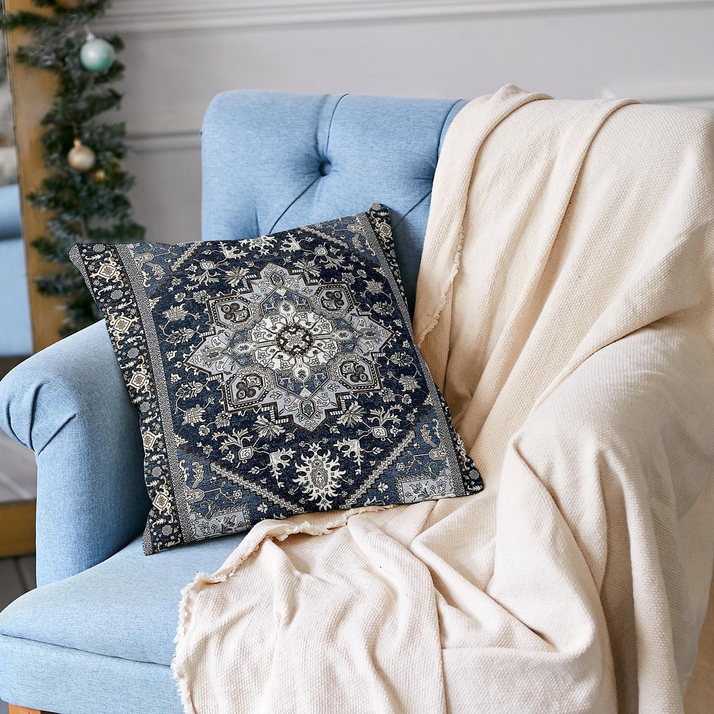 ZSYTZL Boho Throw Pillow Covers 18x18 inch Set of 2,Linen Bohemia Carpet Pattern Decorative Living Room Sofa Bed Square Pillow Case Cushion Cover-Sapphire Blue