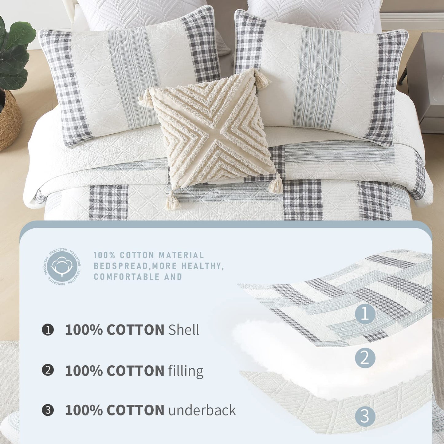 Finlonte Quilt King Size 100% Cotton Lightweight Soft King Quilt Real Patchwork Plaid Quilted Bedspread Black Gray White Quilt Bedding Set 3 Pieces