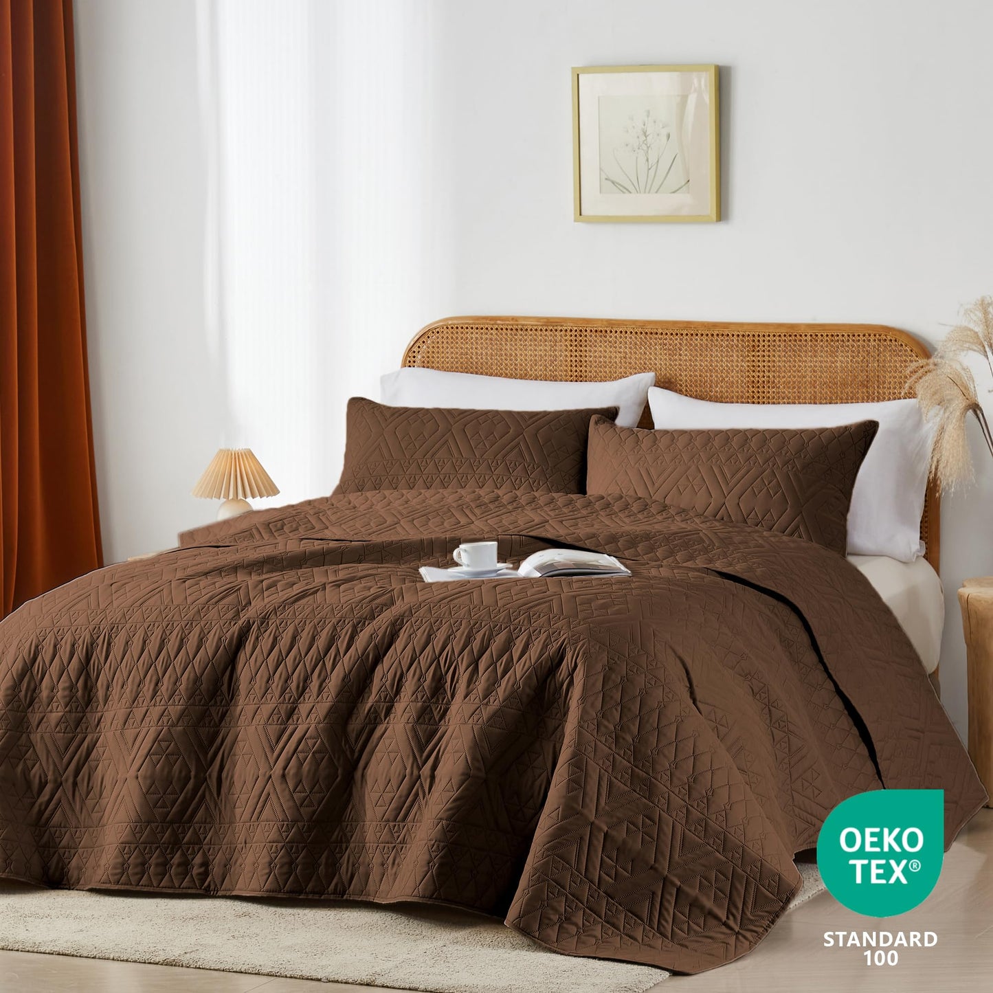 akkialla Full/Queen Size Quilt Bedding Set,Brown Lightweight Microfiber Soft Bedspread,Modern Style Geoetric Pattern Coverlet Set for All Seasons,3 Piece(1 Quilt,2 Pillow Shams)