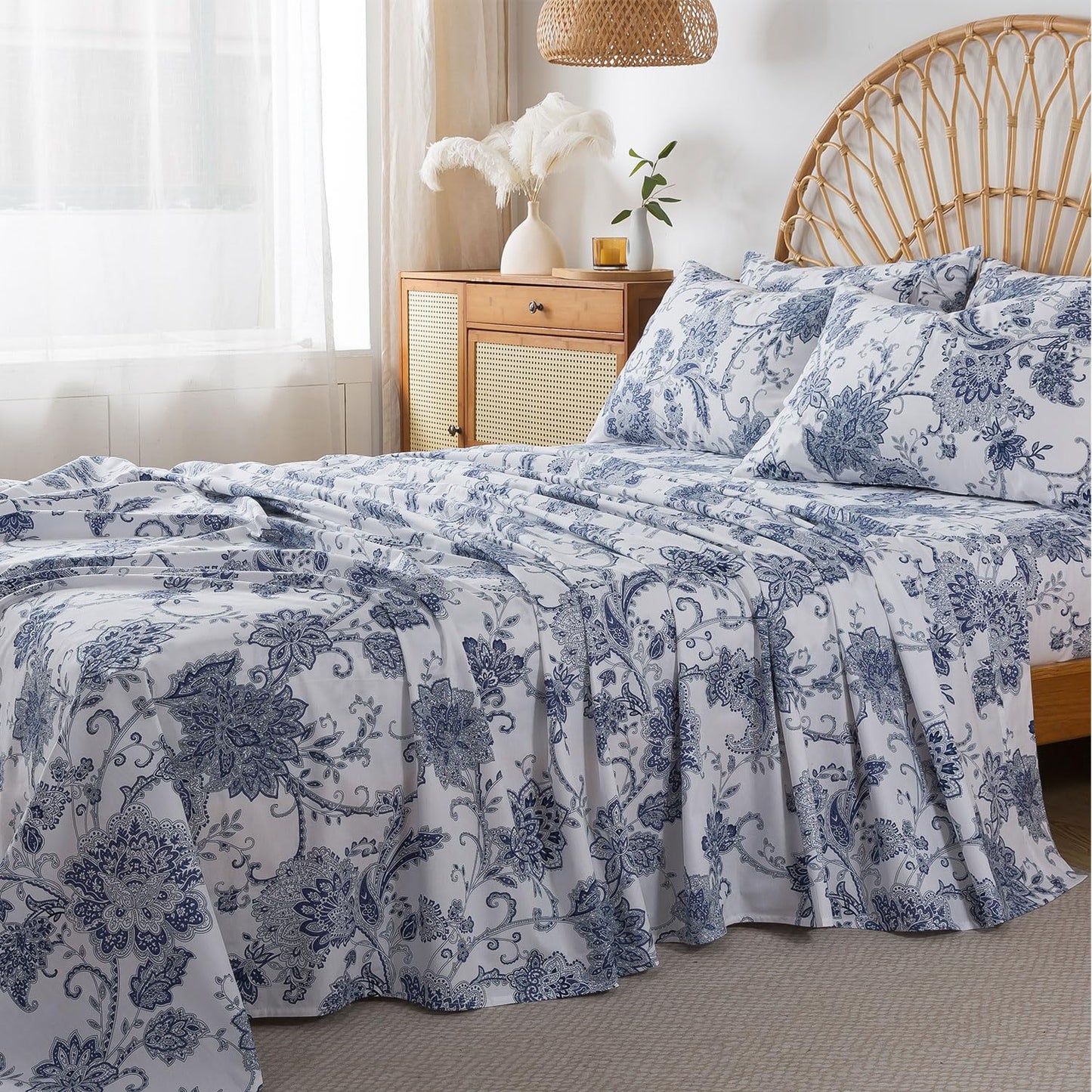 FADFAY King Sheets Set Percale Cotton Floral Bed Sheets Deep Pocket Fitted Sheet, Luxury Blue Floral Pattern Classic European Style Bedding for All Season, Super Soft Crisp & Breathe,4Pcs