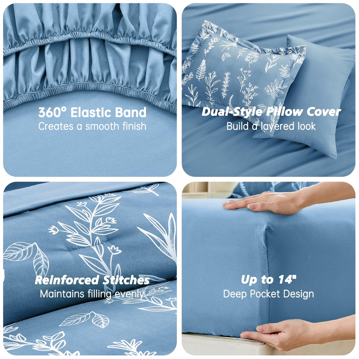 MUXHOMO Ice Blue Bed in a Bag King 7 Pieces, King Comforter Set Reversible Botanical Flowers Design, Ultra Soft & Breathable Bedding Sets with Comforter, Sheets, Pillowcases & Shams