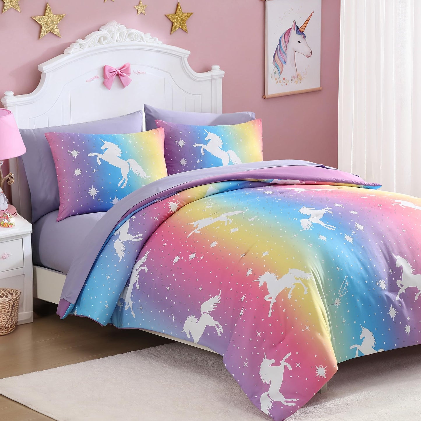 Kaleido Space Twin Comforter Set for Girls, Kids - 5 Pieces Rainbow Unicorn Patterns Twin Bedding Sets for Girls Teen, Soft Cozy Bed in A Bag with Sheets
