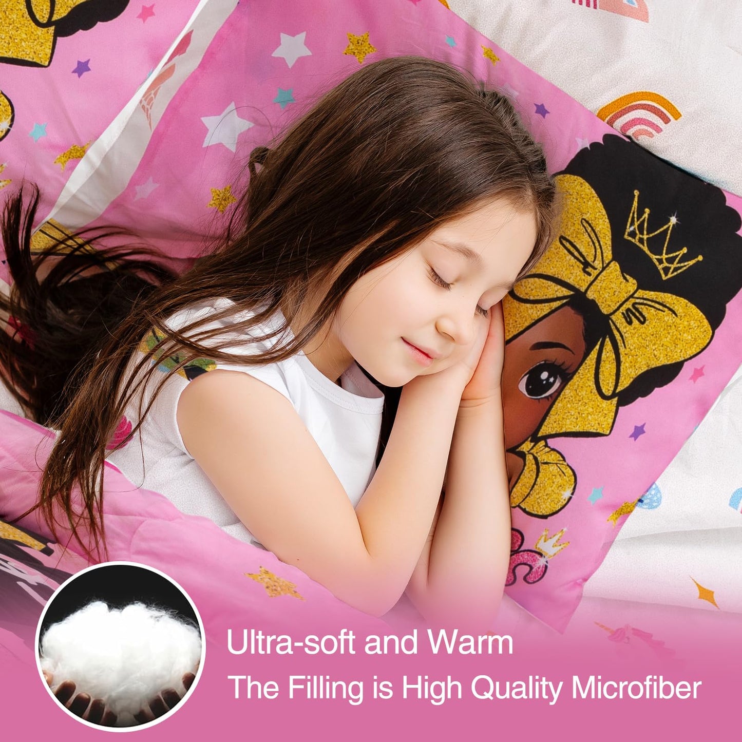 A Nice Night Black Girl Little Princess Comforter Set, Pink 6Pcs Bed in A Bag Twin Size Sparkling Stars Bedding Set,for Kids, Girls