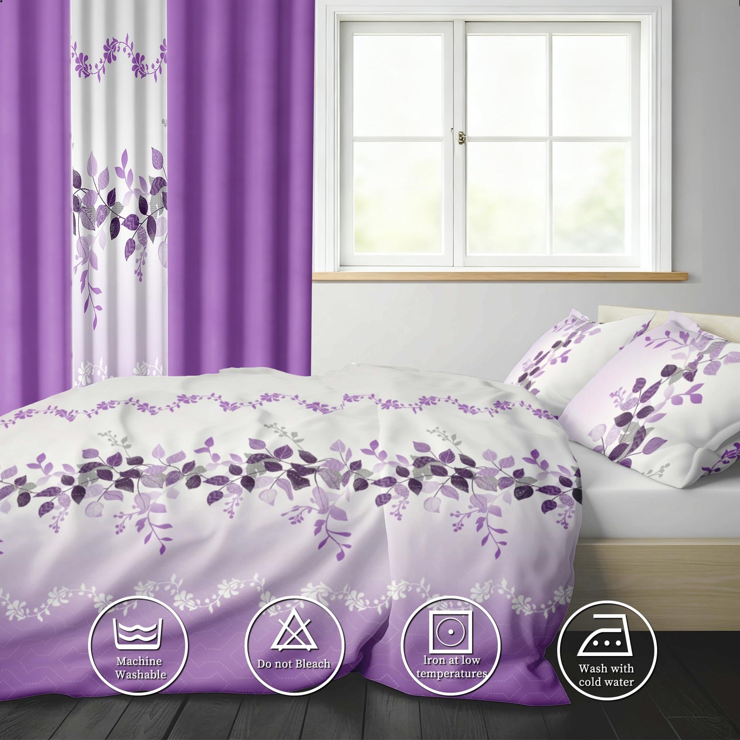Deepsleep King Bedspread Set 9 Pieces, All Season Luxury Bed in a Bag for Bedroom, with 2 Pillowcases and 6 Curtains, Ultra-Soft Microfiber for Complete Bedroom Decor, Purple Flower