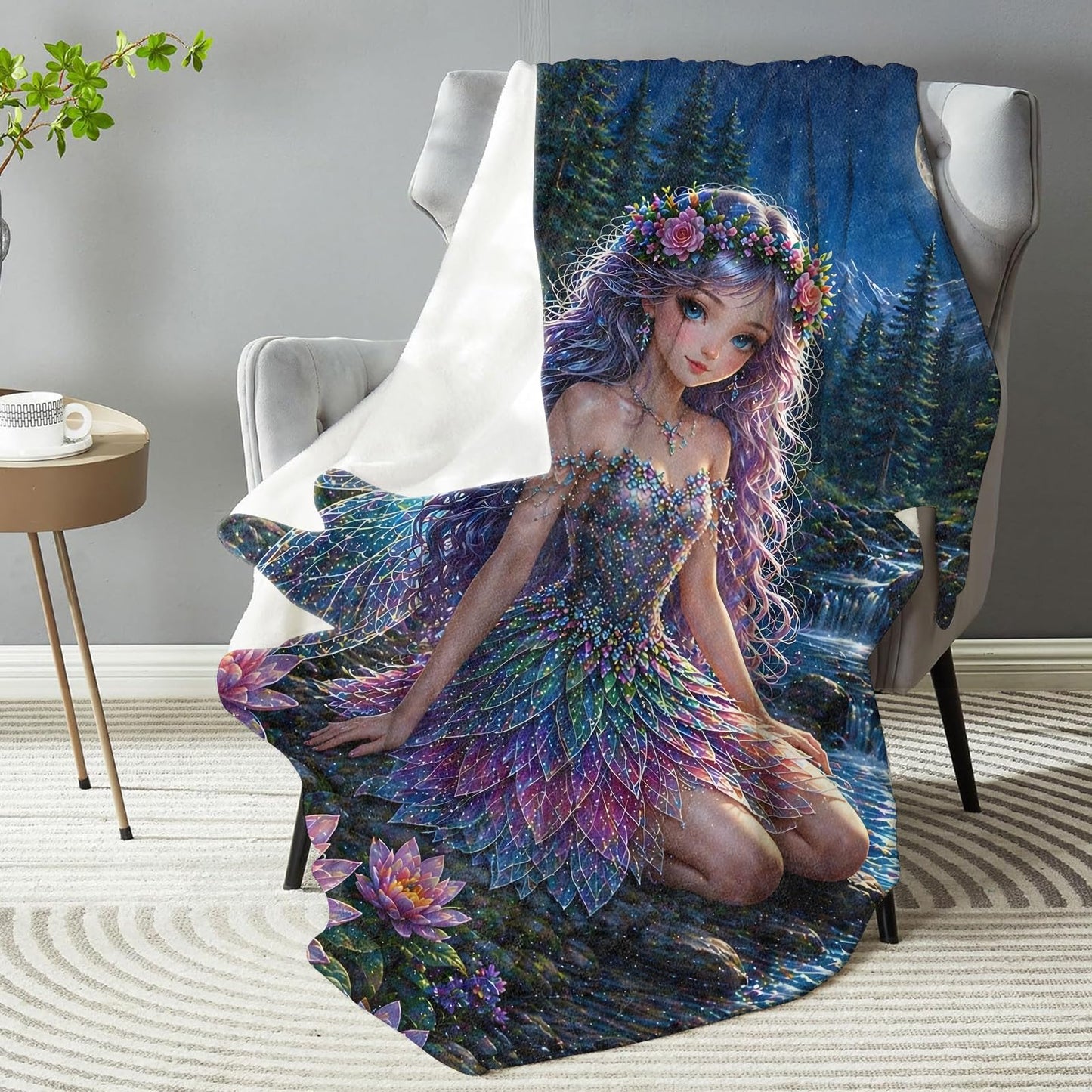 dhakalrlde Enchanted Fairy Blanket, Soft Moonlit Winged Girl Forest Stream Throw Blanket Gifts for Girls Women, Lightweight Warm Cozy 60×50 inch Flannel for Couch, Travel, Bed, Decor