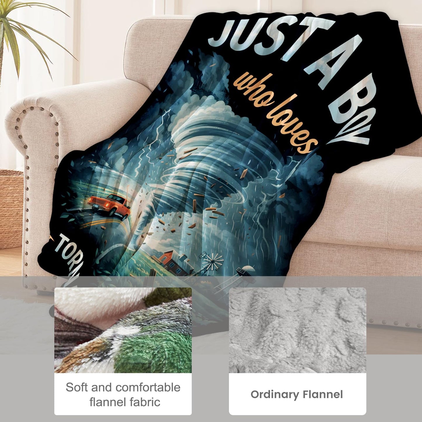cromcu Tornado Blanket for Weather Enthusiasts, Just a Boy Who Loves Tornado Flannel Blankets, Meteorologist Gifts, Soft Warm Cozy Throws for Sofa Couch Bed Living Room Bedroom Home Decor 60" x 50"