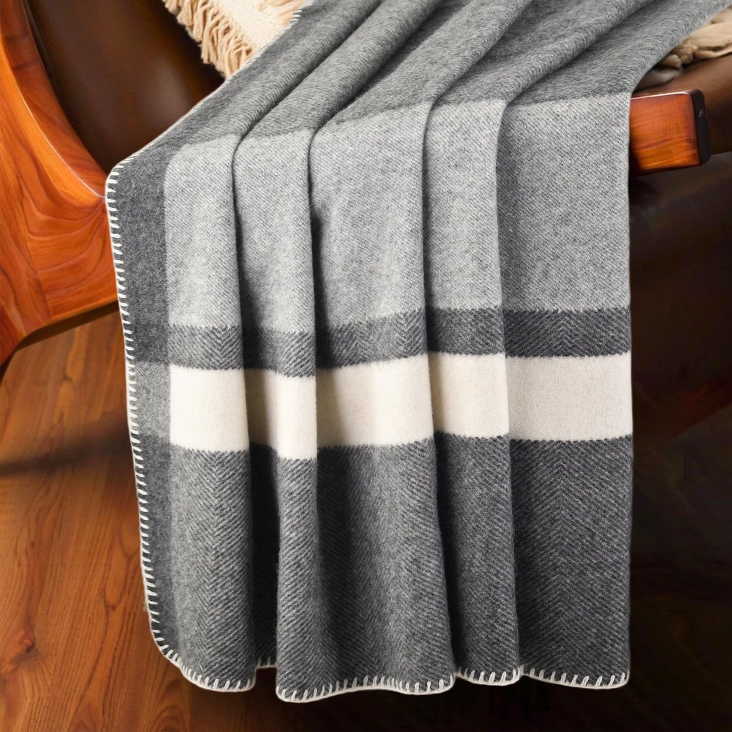 100% Wool Checkered Print Throw Blanket 71 x 47 Inches, Soft Breathable Cozy Blanket Decorative Throw Blanket for Couch Home Bedroom Reading Chair Decor, Charcoal Grey White