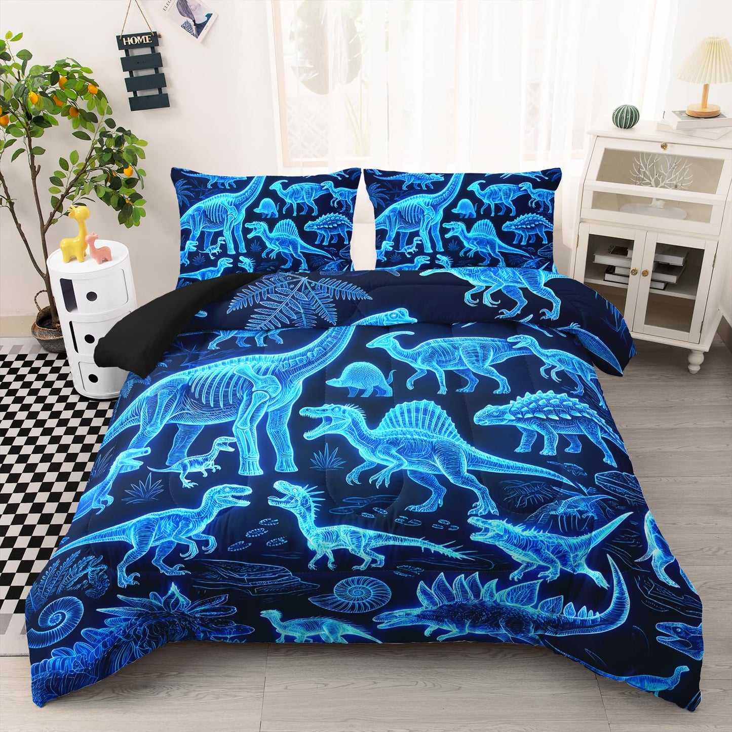 AILONEN Neon Blue Dinosaur Queen Comforter Set, 3D Holographic Skeleton Microfiber Quilt, All Season Fossil Adventure Bedding for Guestroom Home Styling, 1Quilt+2Pillowcases