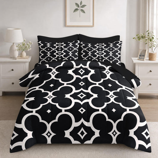 Boewywh Comforter Set Twin Size Geometric Black White 7 Pcs, Bedding for Kids and Adults, Vintage Minimalist Bed Sheet Sets with Fitted Sheet 2 Pillowcases & 2 Shams for Bedroom Bed Decor