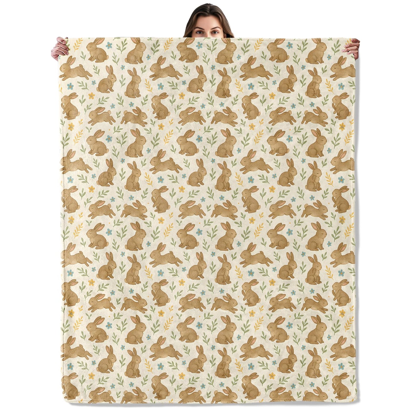 Cute Brown Bunny Pattern Throw Blanket for Boys Girls Kids Adults, Cozy Rabbit Theme Flannel Blankets Gifts for Camping, Bedroom, Couch, Room Home Decor, 50"x60"