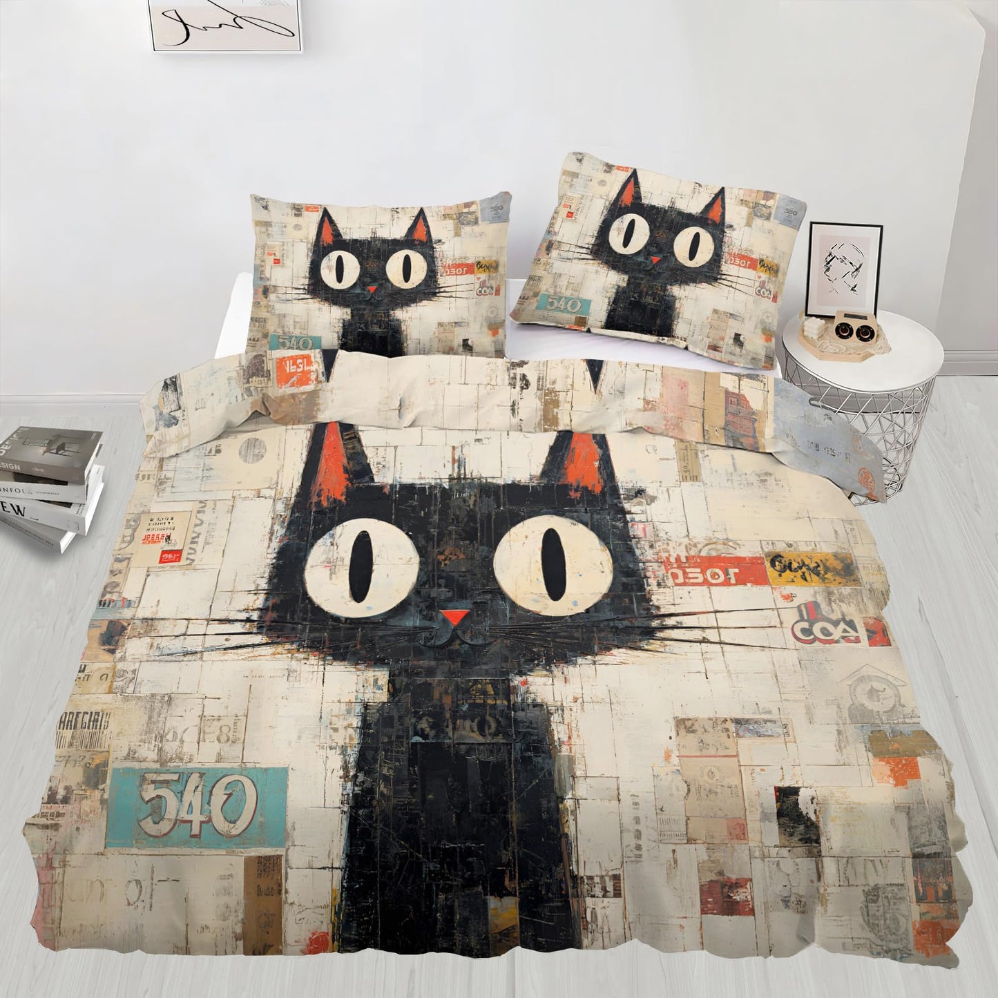 ZAMODE Cat Comforter Cover 90" x 90", Cartoon Kitten Bedding Queen Size, Retro Black Cat Duvet Cover with 2 Pillowcases