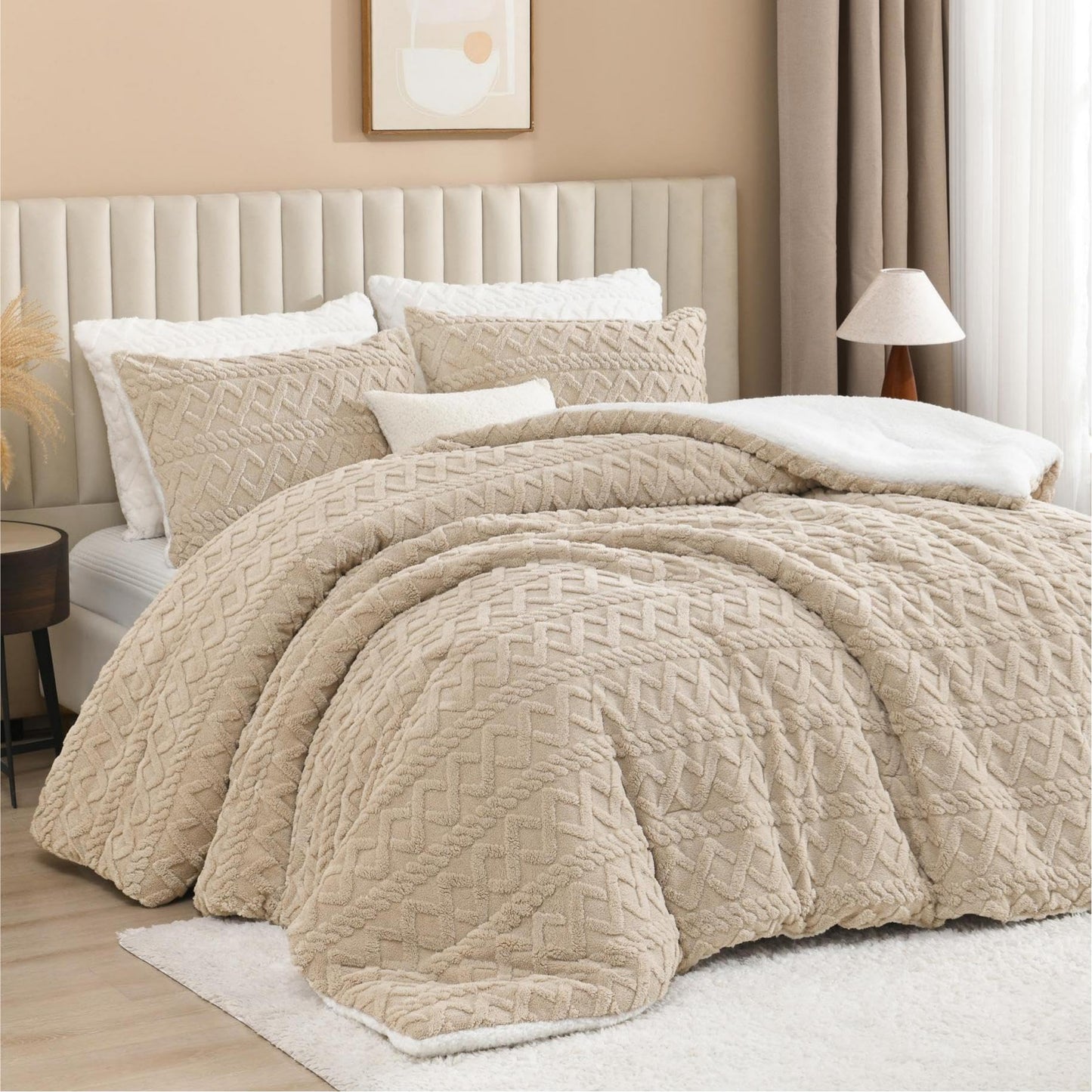 Andency Fluffy Sherpa Full Comforter Set, Super Soft Beige Fleece Warm Bedding for Winter, Luxury Jacquard Boho Thick Fuzzy Plush Bed Set 3 Pieces(1 Shaggy Comforter, 2 Pillowcases)