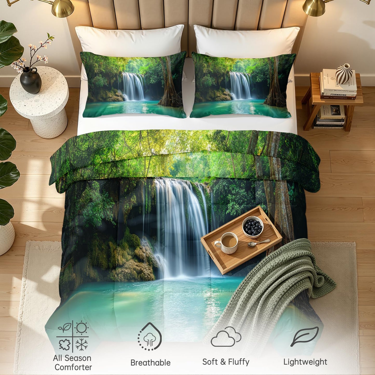 Landscape Comforter Queen Size - 3 Pcs Bed Set, All Season Duvet Insert & 2 Pillowcases, Waterfall Bedding Set, Soft Lightweight Down Alternative Comforter, Fantasy Natural Bedroom Decor