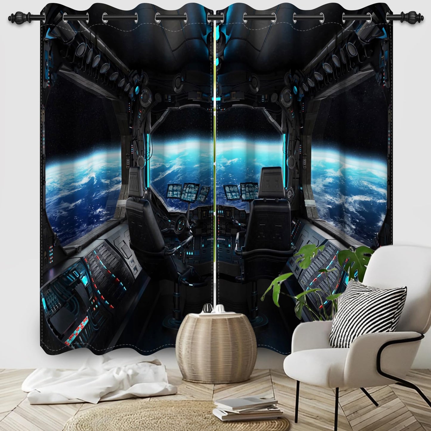 Renaiss Spacecraft Interior Window Curtains Futuristic Spaceship Cockpit Window Treatments Outer Space Earth View Blackout Drapes for Bedroom Living Room French Door Decor 42x84 Inches x 2 Panels