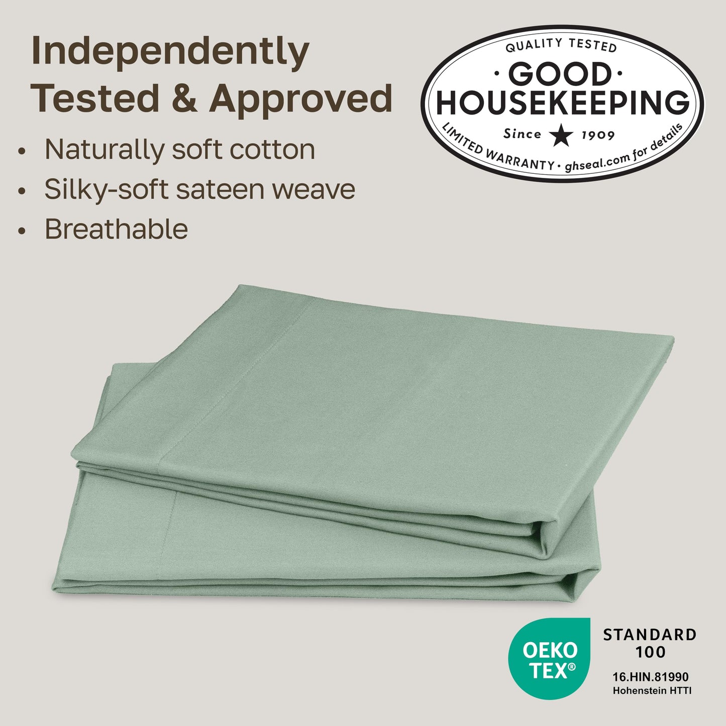 California Design Den Standard/Queen Pillow Cases Set of 2 - Natural 100% Cotton Pillow Cases Standard Size with Envelope Closure, Breathable Sateen, Gentle on Skin, Soft and Durable - Frosty Green