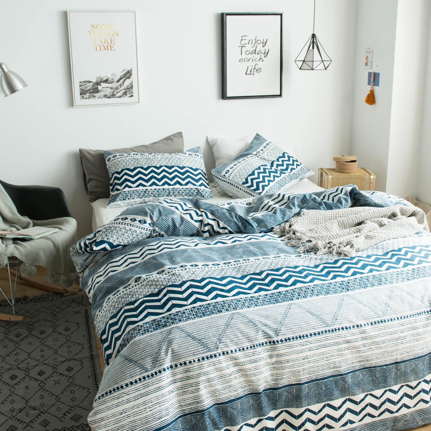 SUSYBAO Blue White Boho Duvet Cover Queen 100% Cotton Teal Bohemian Duvet Cover 3 Pieces Set 1 Vintage Aztec Patterned Duvet Cover with Zipper Ties 2 Pillowcases Soft Striped Bedding Set