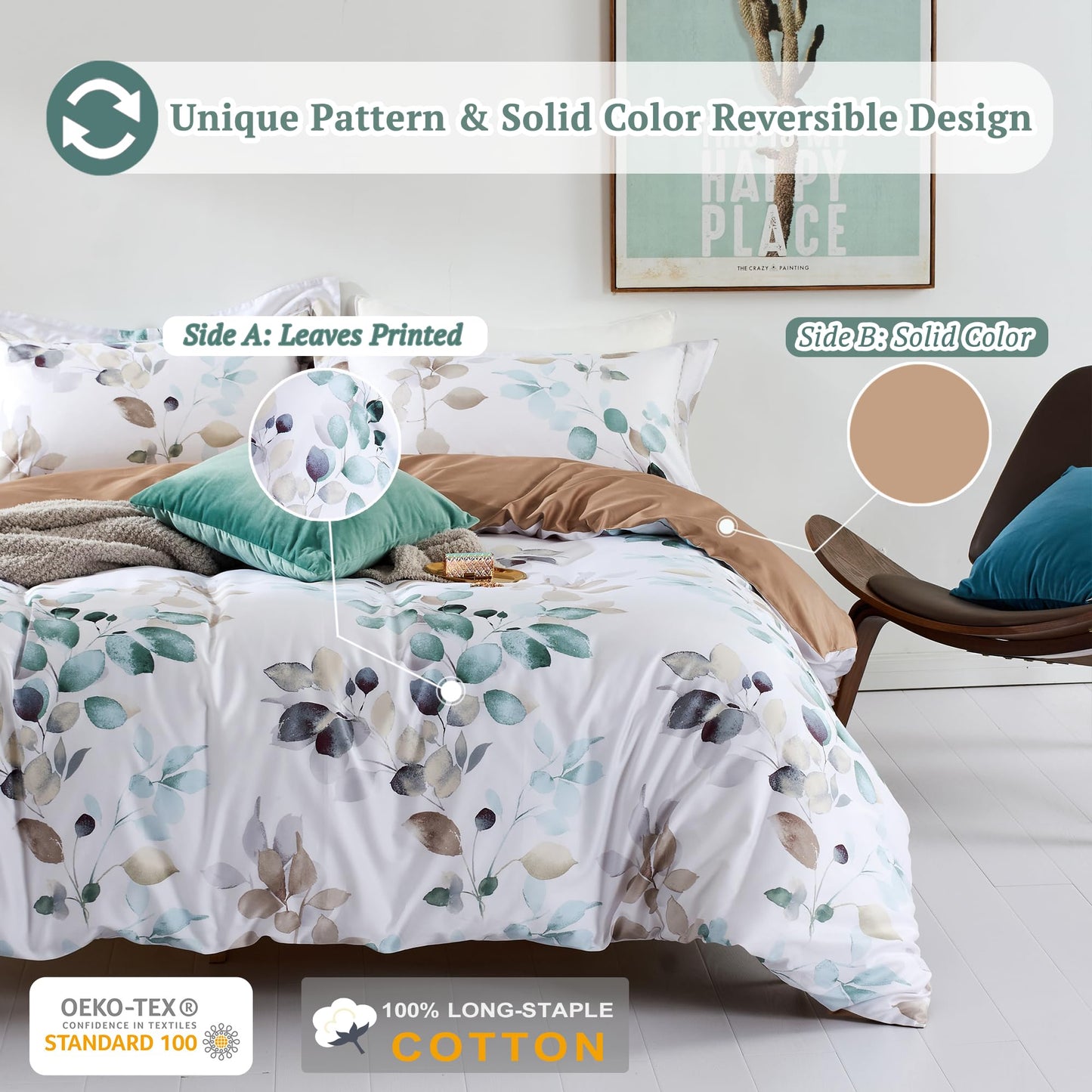 MILDLY Floral Duvet Cover Set - 100% Long-Staple Cotton Gradient Teal Leaves Pattern Comforter Cover 3pcs Soft Breathable Luxury Bedding for All Season