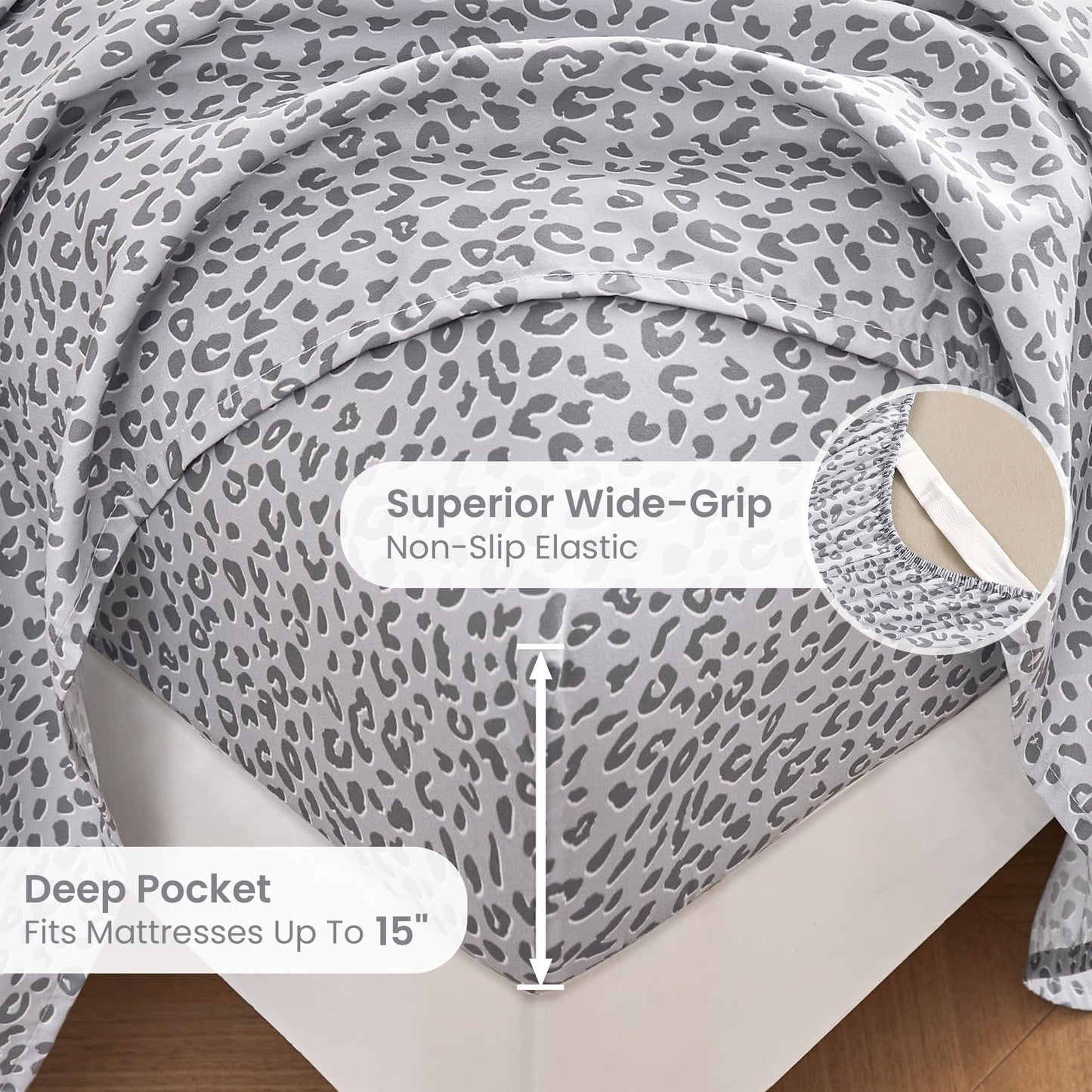 Mooreeke Leopard Cheetah Printed Queen Bed Sheets, Soft Microfiber Bedding Sheets & Pillowcases, Deep Pocket Non-Slip Fitted Queen Sheet, Silver Grey Animal Pattern Bedsheets
