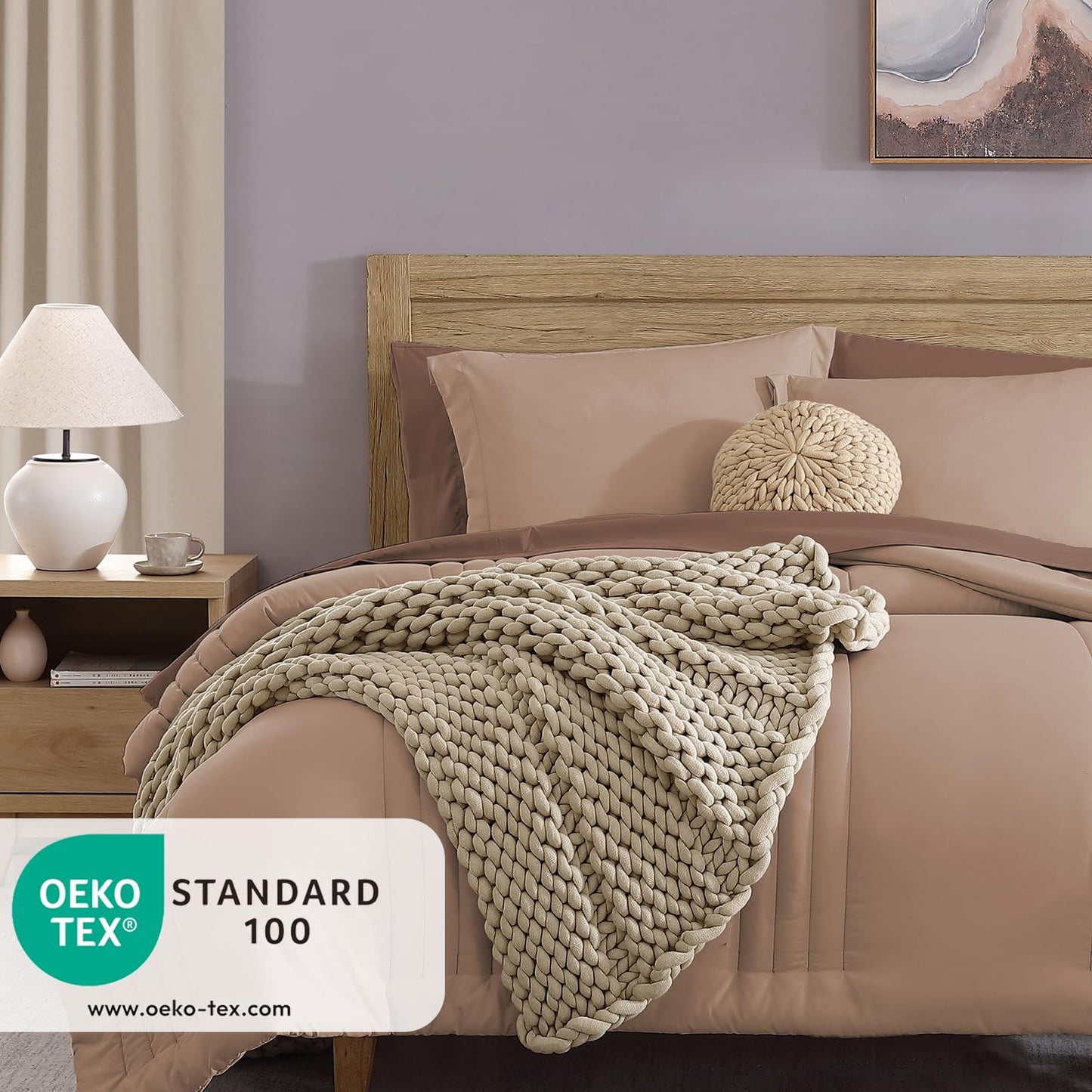 Monbix Queen Comforter Set - 7 Pieces Rust Pink Bed in a Bag Queen Bedding Sets with Comforters, All Seasons Comforter Bed Set with Sheets,Pillowcases & Shams