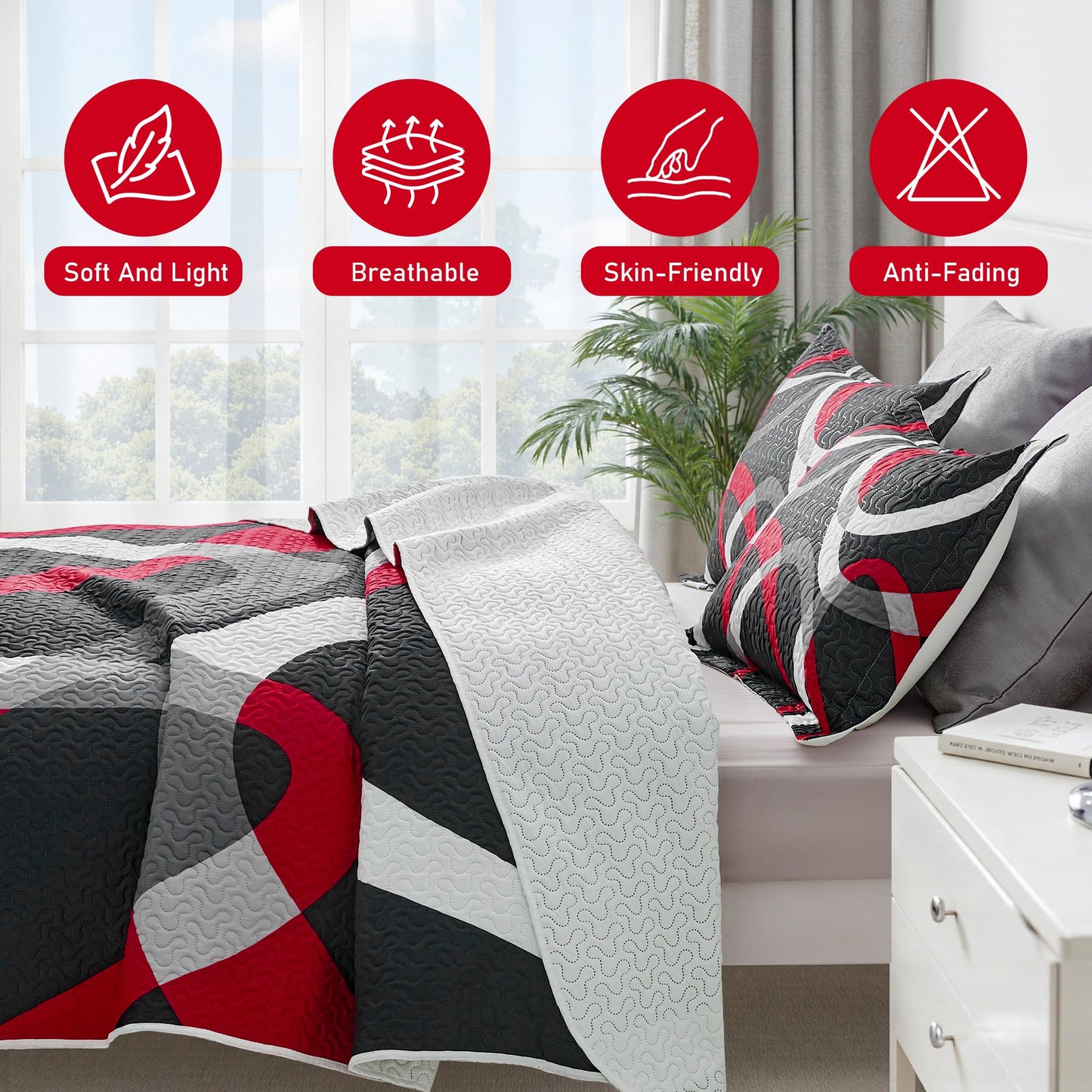 weesire Black and Red Bedding Quilt King Size with 2 Shams, Modern Stripe Comforter Sets Classic Line Pattern Bedspreads Grey and Red Coverlet, 96''x106''