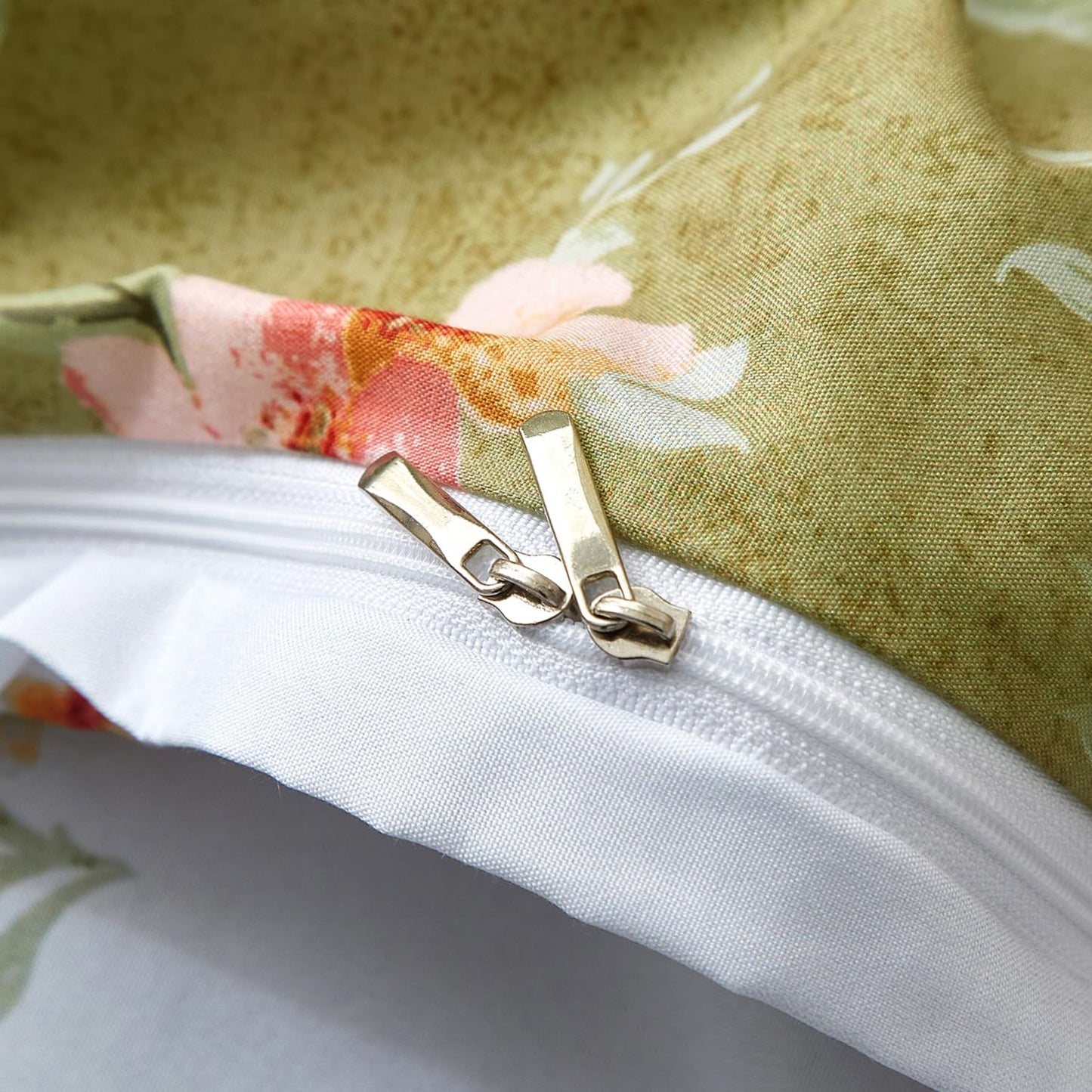 mixinni Duvet Cover King Size, Long Staple Cotton Reversible Green Floral Duvet Cover Set with Zipper Ties, 3 Pieces Botanical Pink Flowers and Green Branches Patterns Bedding Set