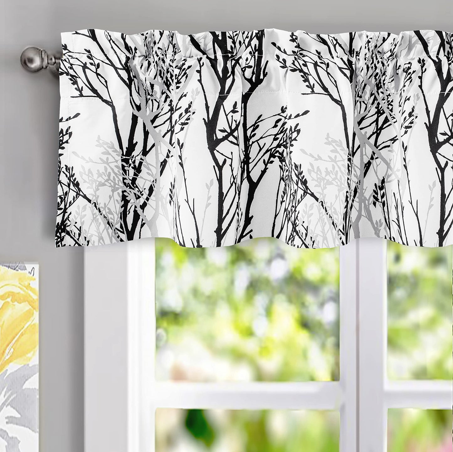 DriftAway Tree Branch Lined Valance Double Layer Blackout Thermal Insulated Abstract Ink Printing Window Curtain Valance Rod Pocket 52 Inch by 14 Inch Plus 2 Inch Header Black White 1 Pack
