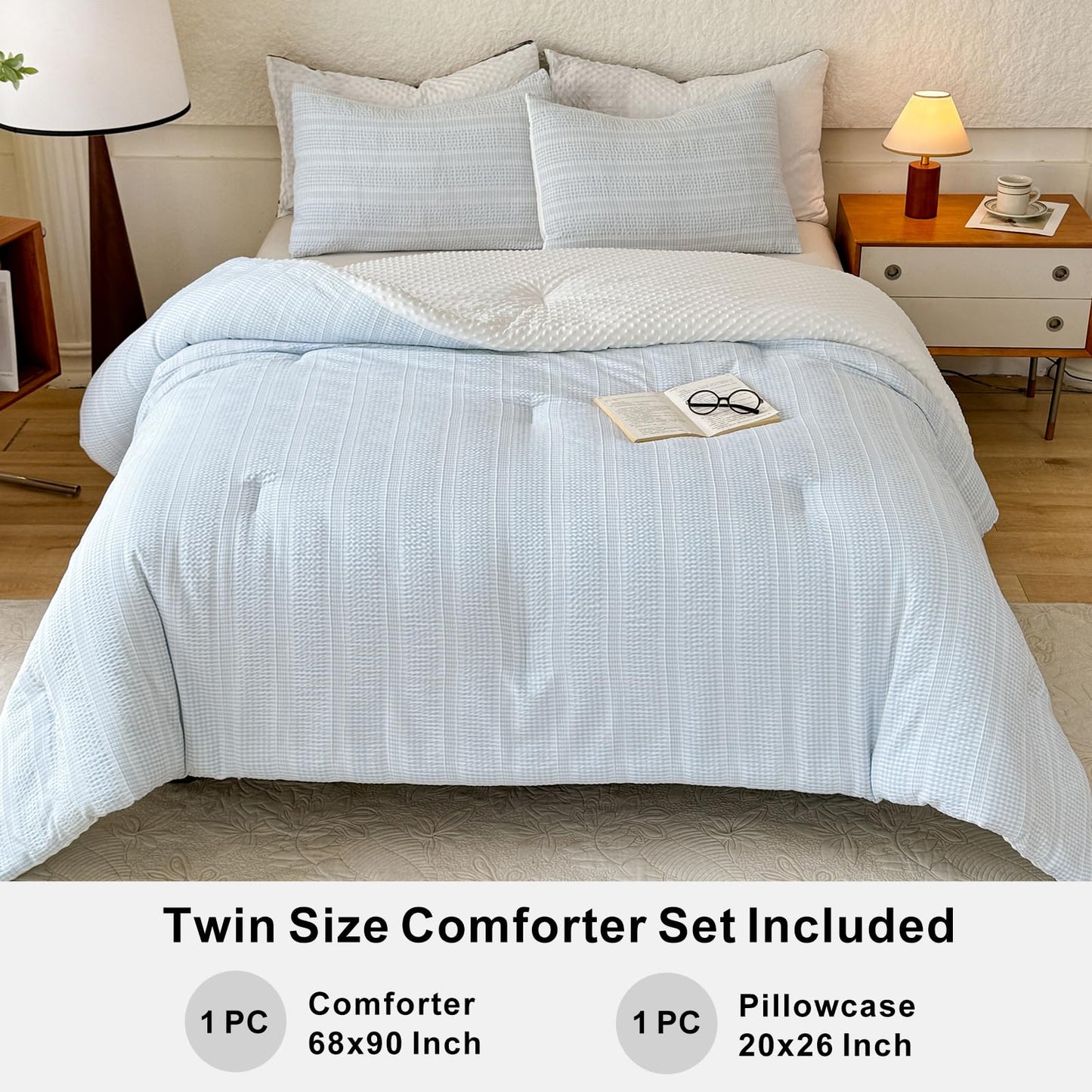 tohrisa Boho Comforter Set Twin Size - 2 Pieces Lightweight Jacquard Seersucker Bedding Sets (1 Soft Fluffy Grid Comforter & 1 Pillowcase) - All Seasons Cozy Modern Bed Set(68"x90" Sky Blue)