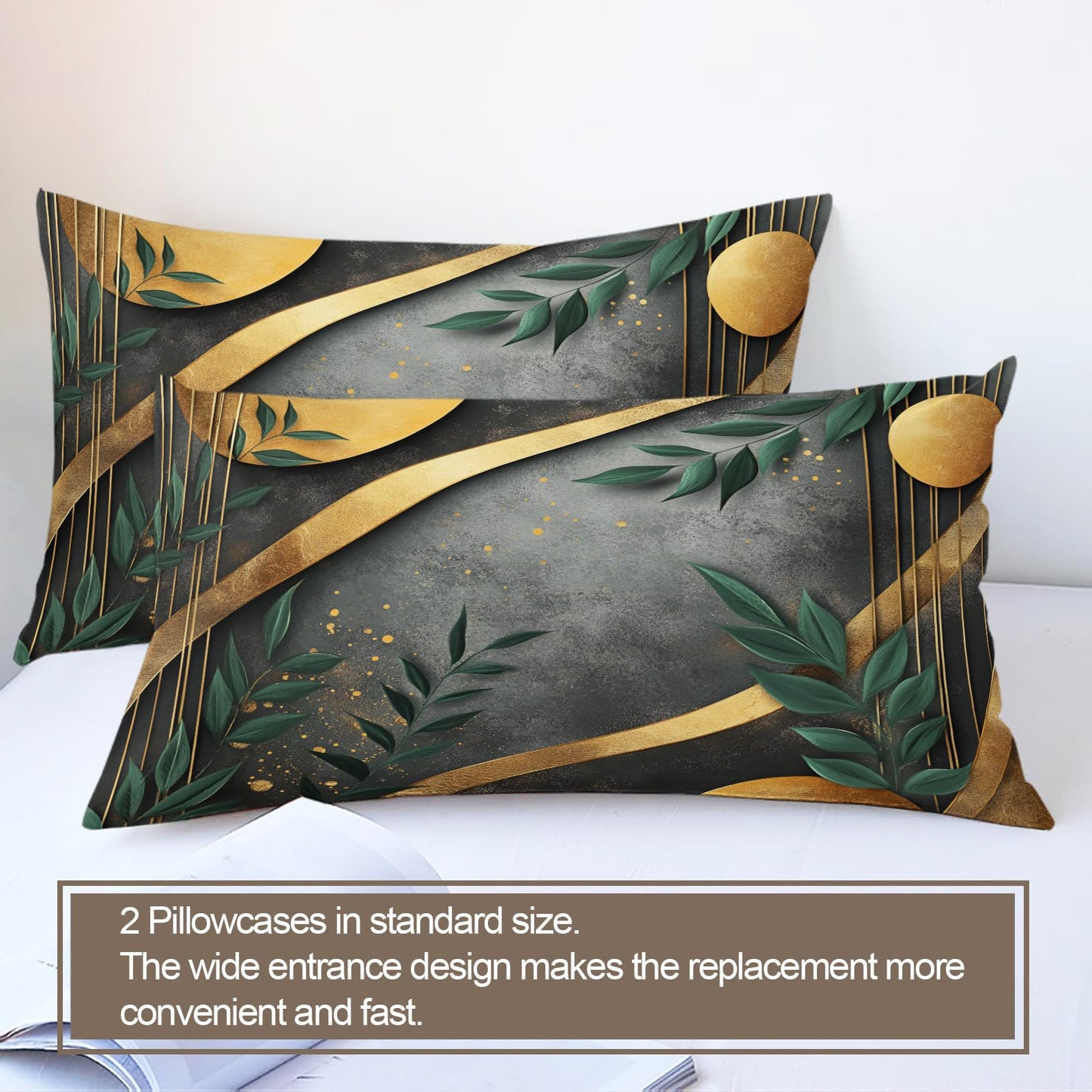 GKPLY Geometric Bedding Green Leaves Duvet Cover Full Modern Abstract Comforter Cover with Zipper & Ties - 3 Pieces with 2 Pillowcases - Home Decor & Gifts Black and Grey Design