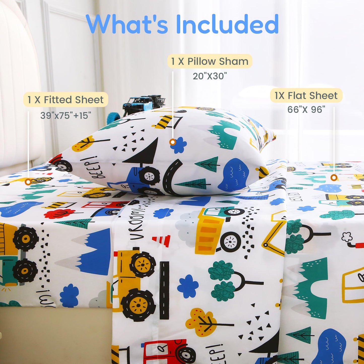 Softan Kids Twin Sheets Set, 3 Piece Construction Truck Bedding Set for Boys, Soft Breathable Microfiber with 15" Deep Pocket, Fitted Flat Sheet & Pillowcase