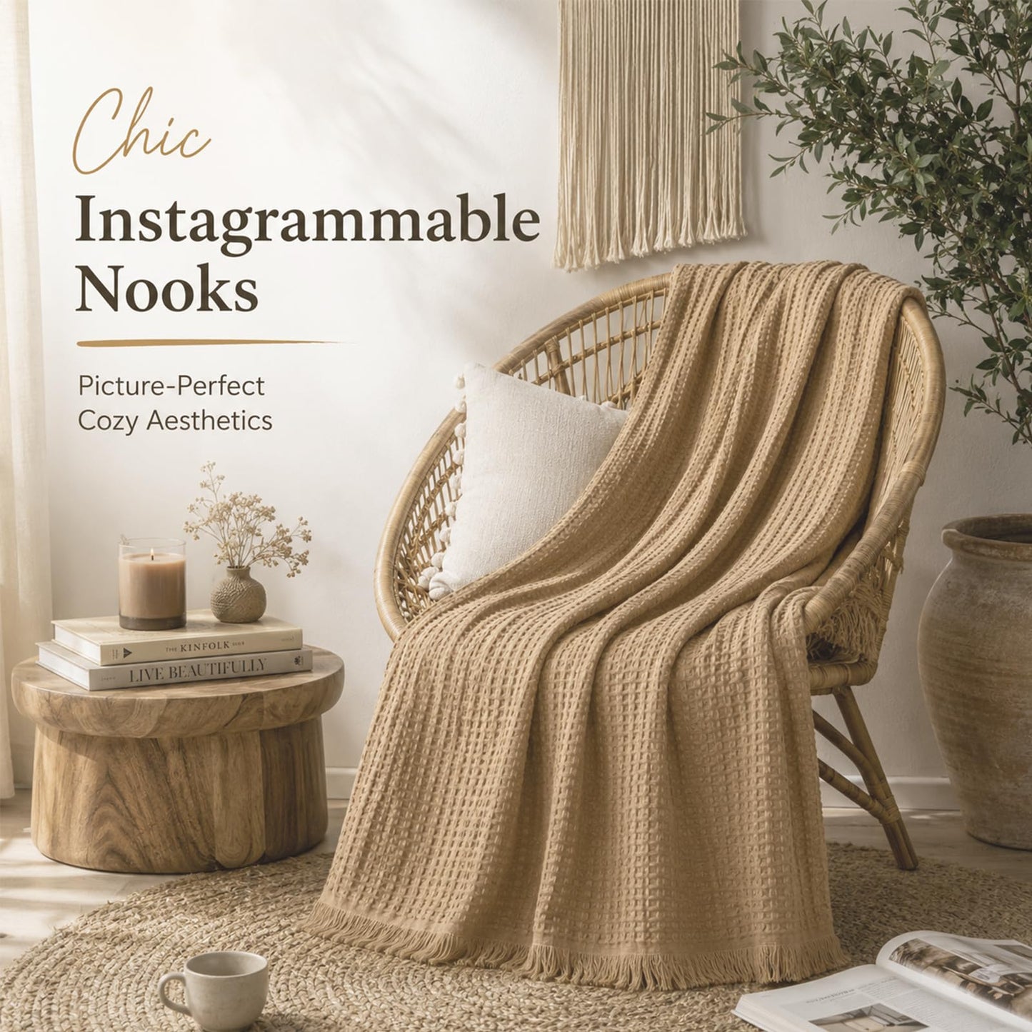 Luxury Waffle Weave Throw Blanket with Eyelash Fringes, 50 x 70 Inches High-End Accent Decor Blanket for Couch, Bed & Sofa, Modern Boho Farmhouse Living Room Aesthetic Statement Piece, Camel