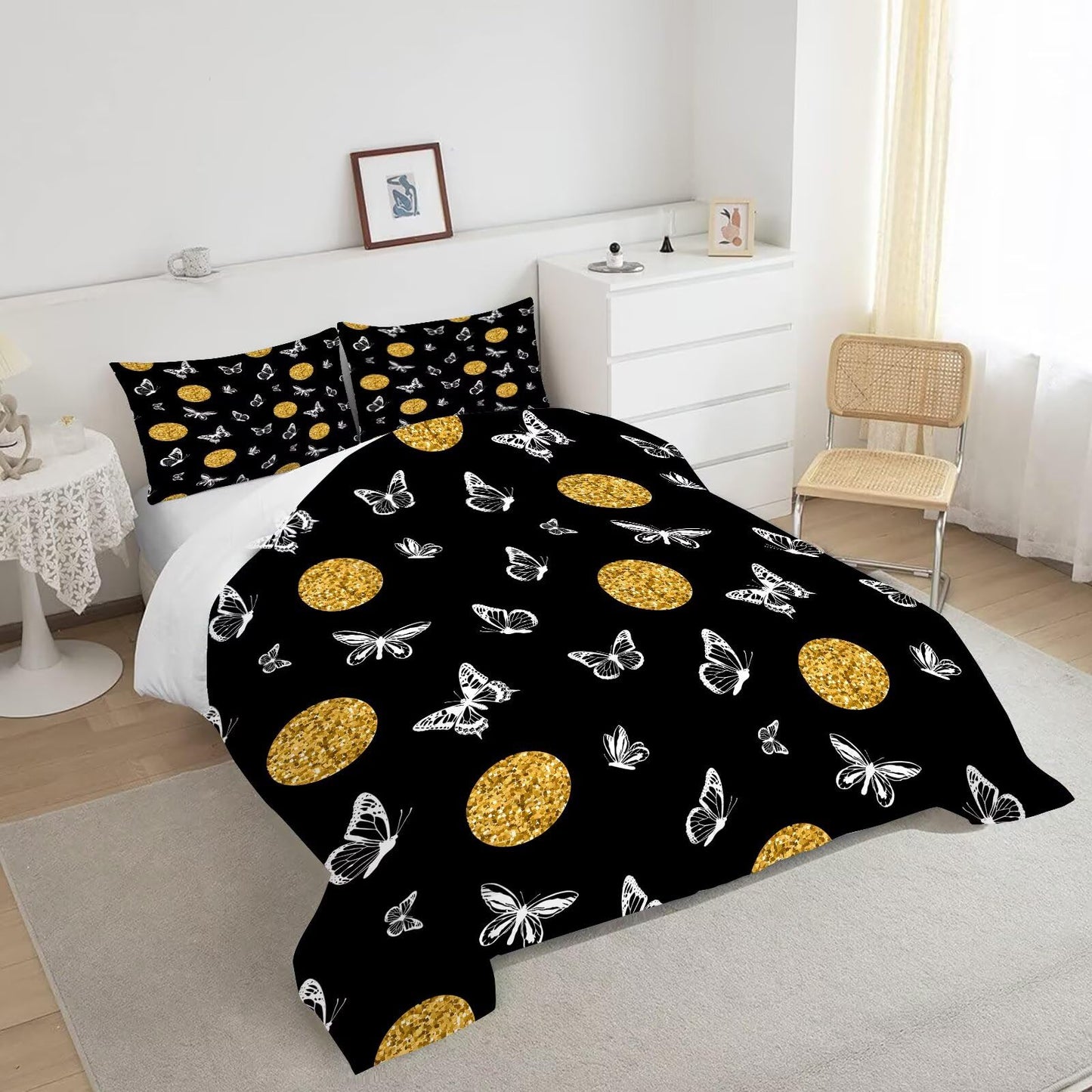 DJNEAR Butterfly Comforter Set Twin Size Black and Gold Bedding Sets for Girls Kids Women Adults Bedroom Gold Luxury Butterflies Printed Quilt 1 Comforter 1 Pillowcase