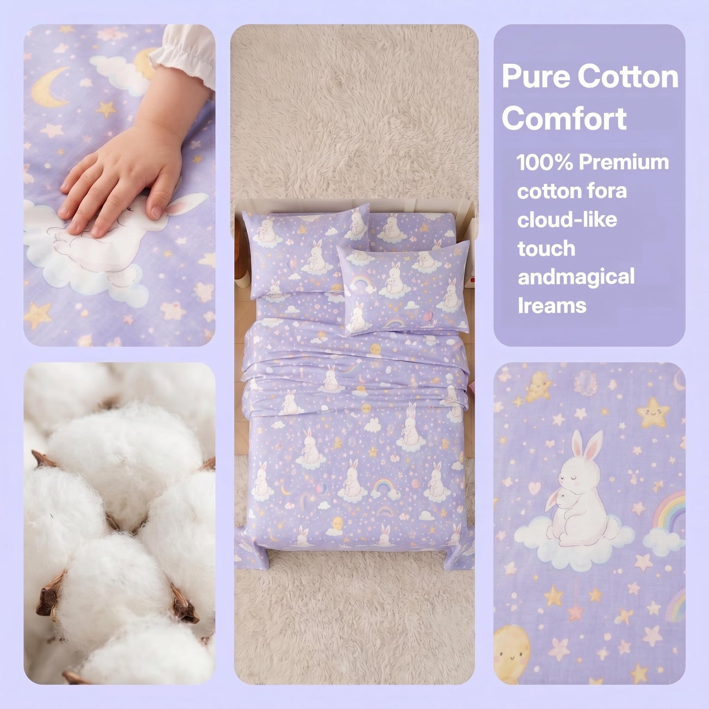 YIYEA 100% Cotton Kids Sheets, Ultra Soft Cozy Cute Bed Sheets Set for Girls, Boys, Teens, 16" Deep Pocket, 3PC, Twin
