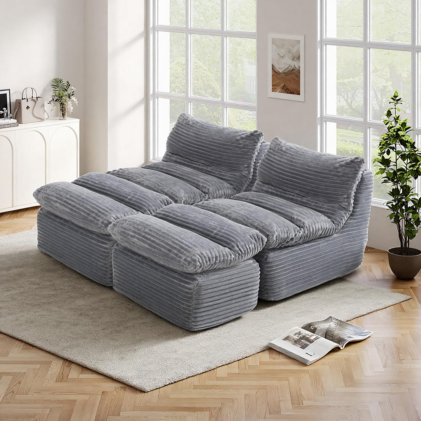 COLAMY Bean Bag Chair, Lounge Chair with Removable Ottoman for Adults, Comfy Fabric Sofa Bed Couch with Memory Foam, Backrest for Living Room, Office, Bedroom, Grey