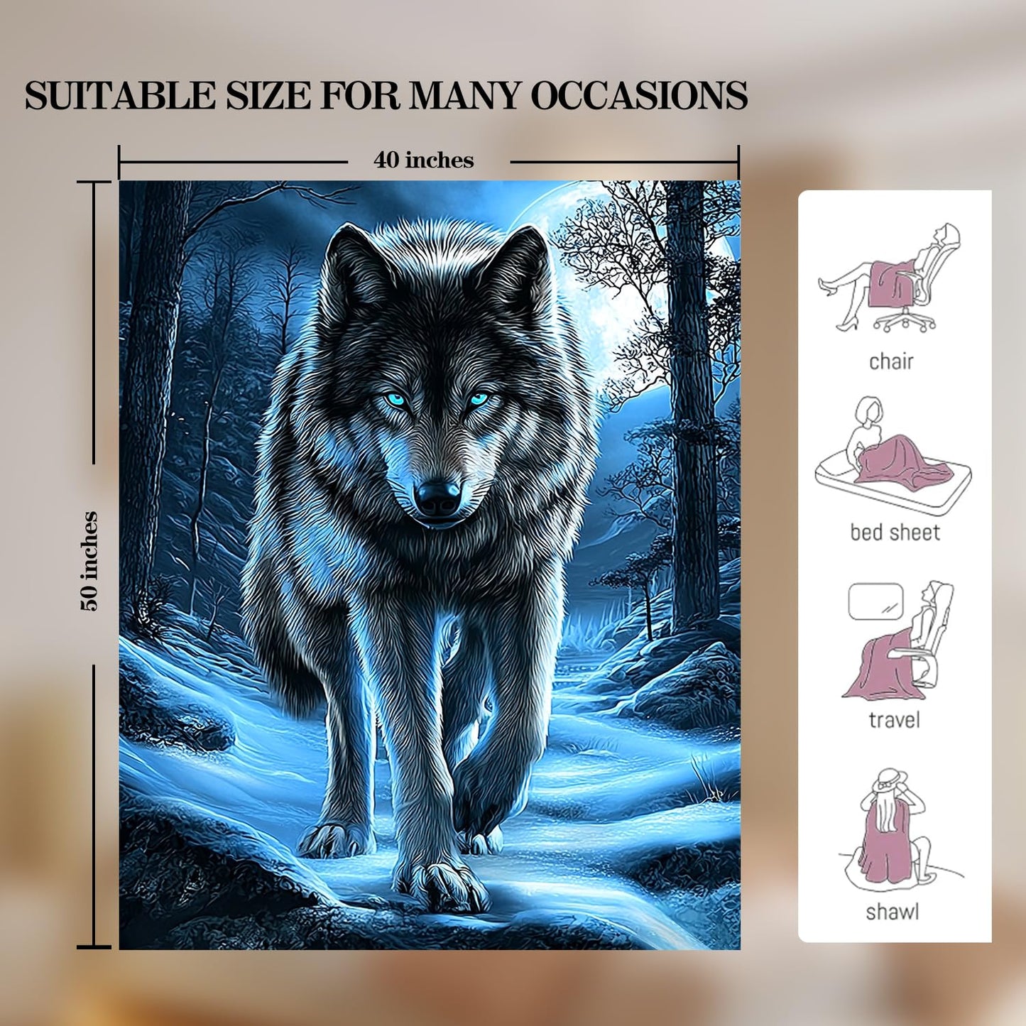Wolf Blanket Wolf Decor Cozy Animal Throw Super Soft Plush Flannel Fleece Blanket Gift for Kids Adults Men Women Ultra Warm & Lightweight Flannel, 50"X40"