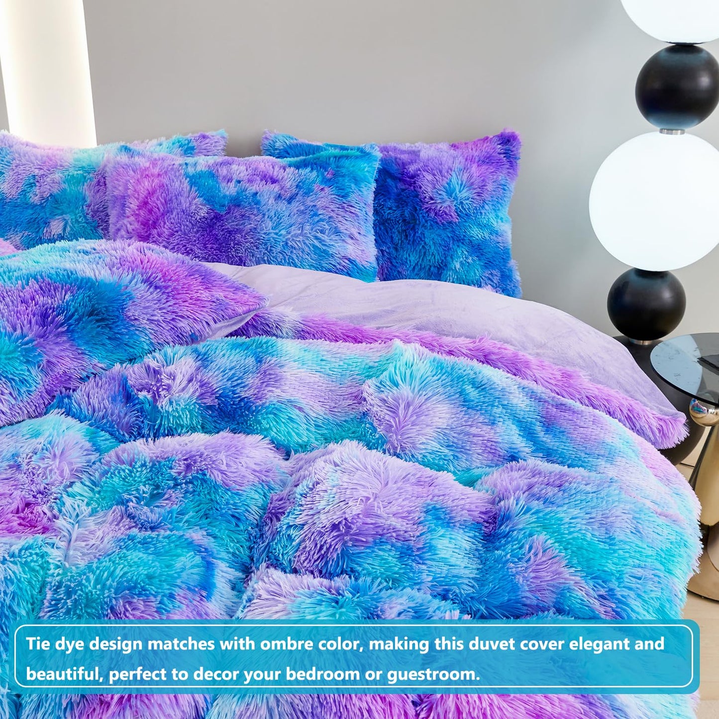 SUCSES Blue Purple Fluffy Twin Bedding Sets for Girls 3Pcs Faux Fur Plush Shaggy Kids Duvet Cover Set Twin Size Tie Dye Velvet Furry Comforter Cover Set