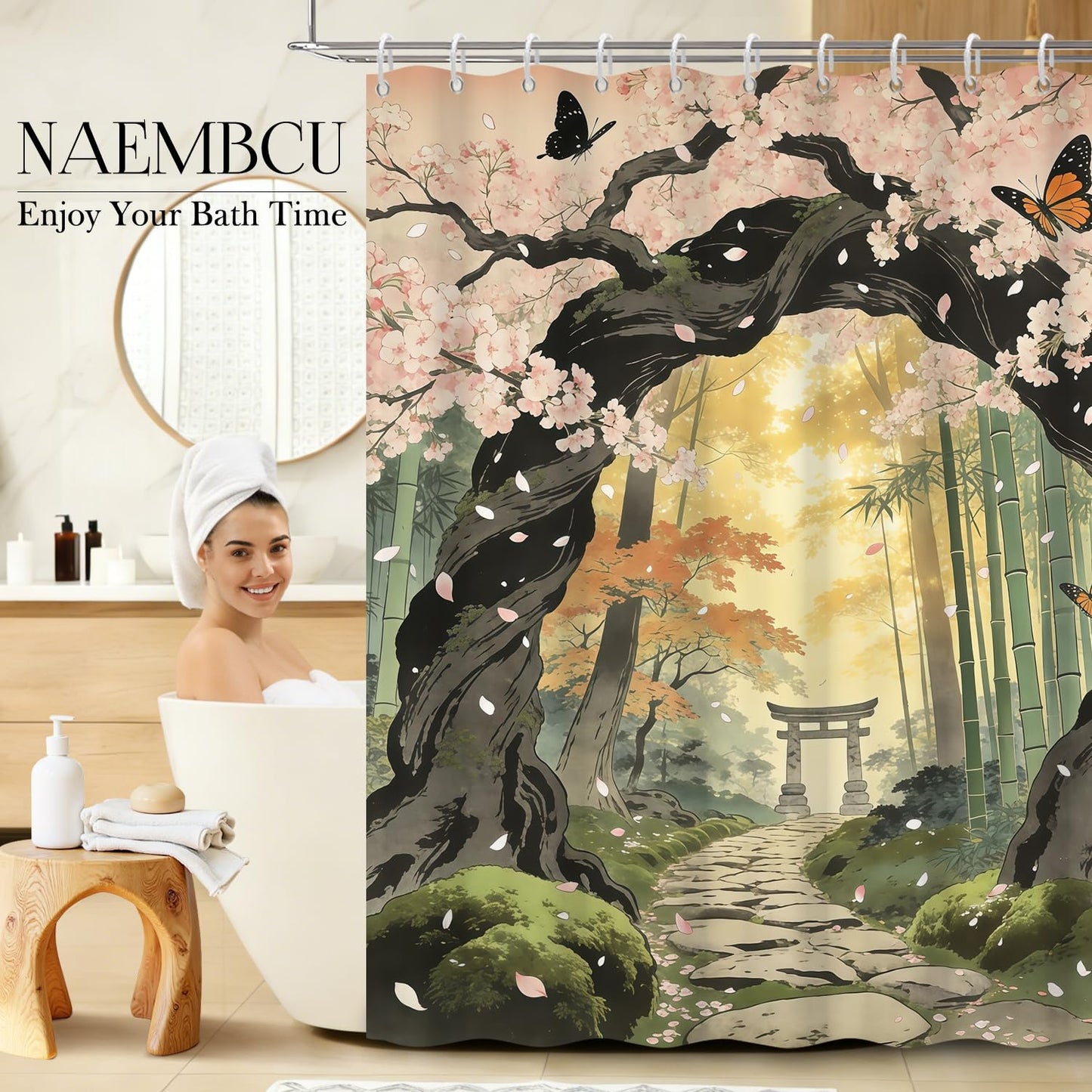 NAEMBCU Japanese Garden Shower Curtain with Hooks - 72x72 Inch Waterproof Fabric Bathroom Curtain with Cherry Blossom, Bamboo Forest and Zen Path Design, Fantasy Nature Bath Curtain Decor