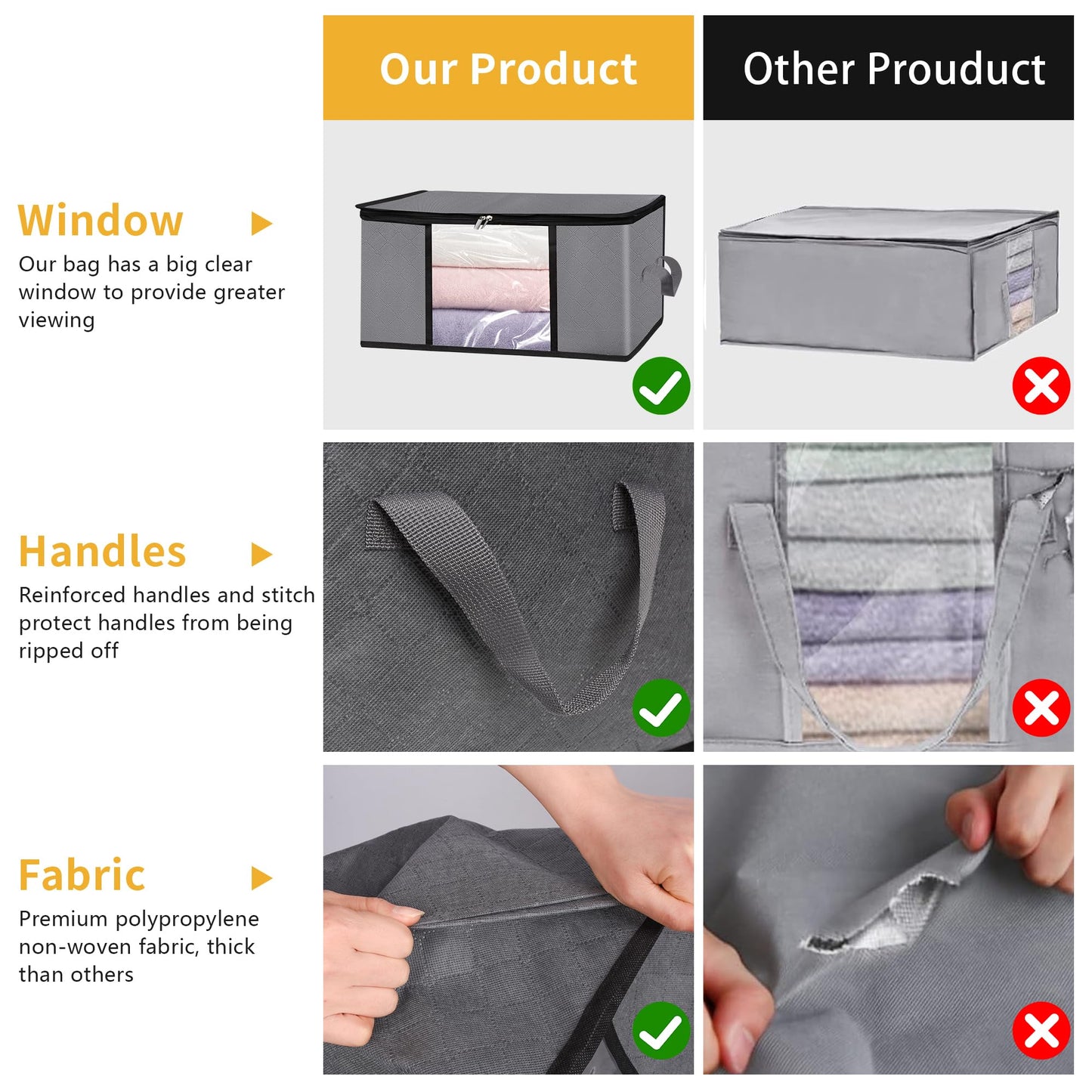 3 Pack Storage Bags, 45L Foldable Clothes Storage Bins with Lids, Closet Organizers Blanket Storage Bags with Zippers Clear Window Sturdy Handles for Clothing Bedding Comforter Sweater Pillows (Gray)