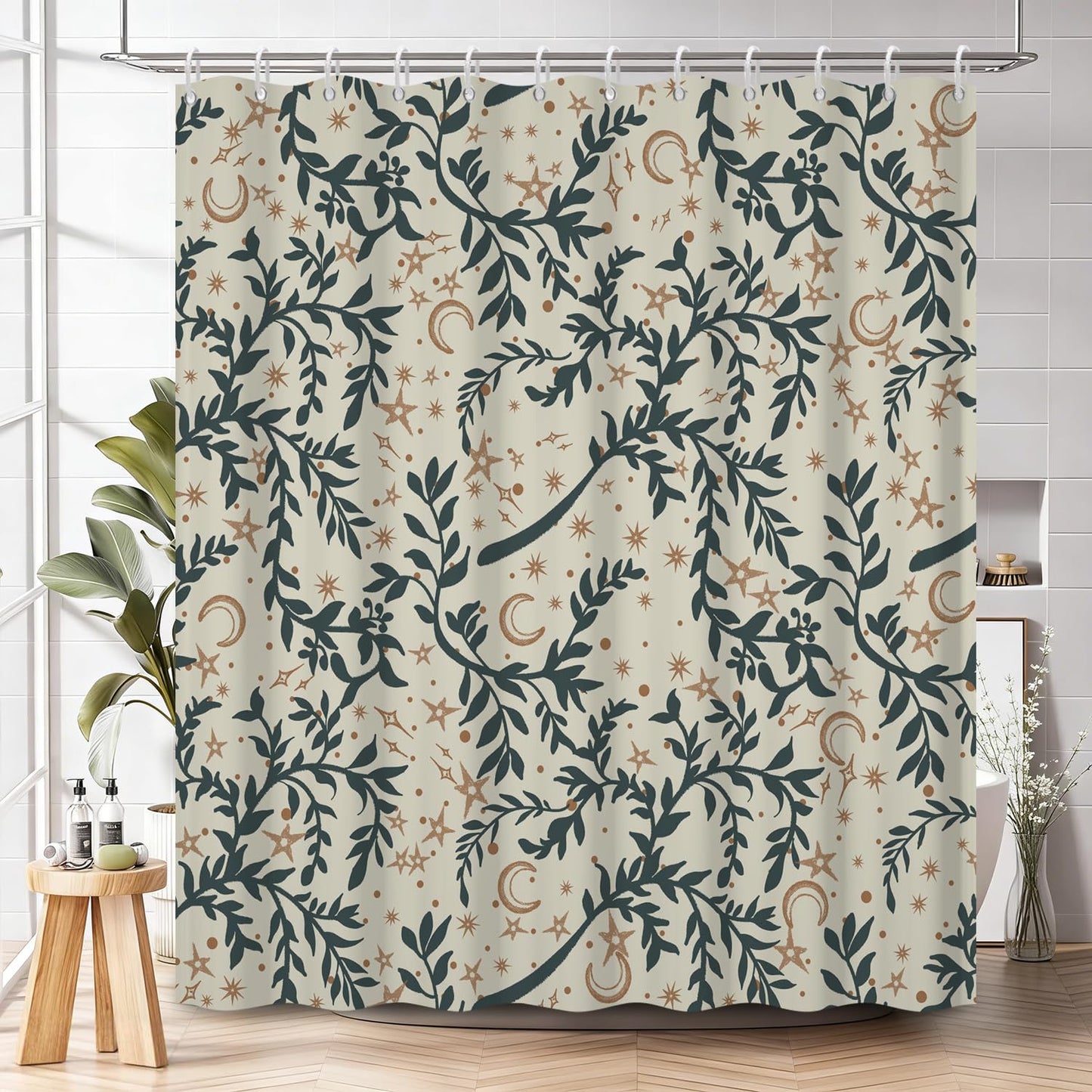 NAEMBCU Botanical Celestial Shower Curtain with Hooks - 72x72 Inch Waterproof Fabric Bathroom Curtain with Green Leaf & Moon Star Pattern, Bath Curtain for Boho Aesthetic Interiors