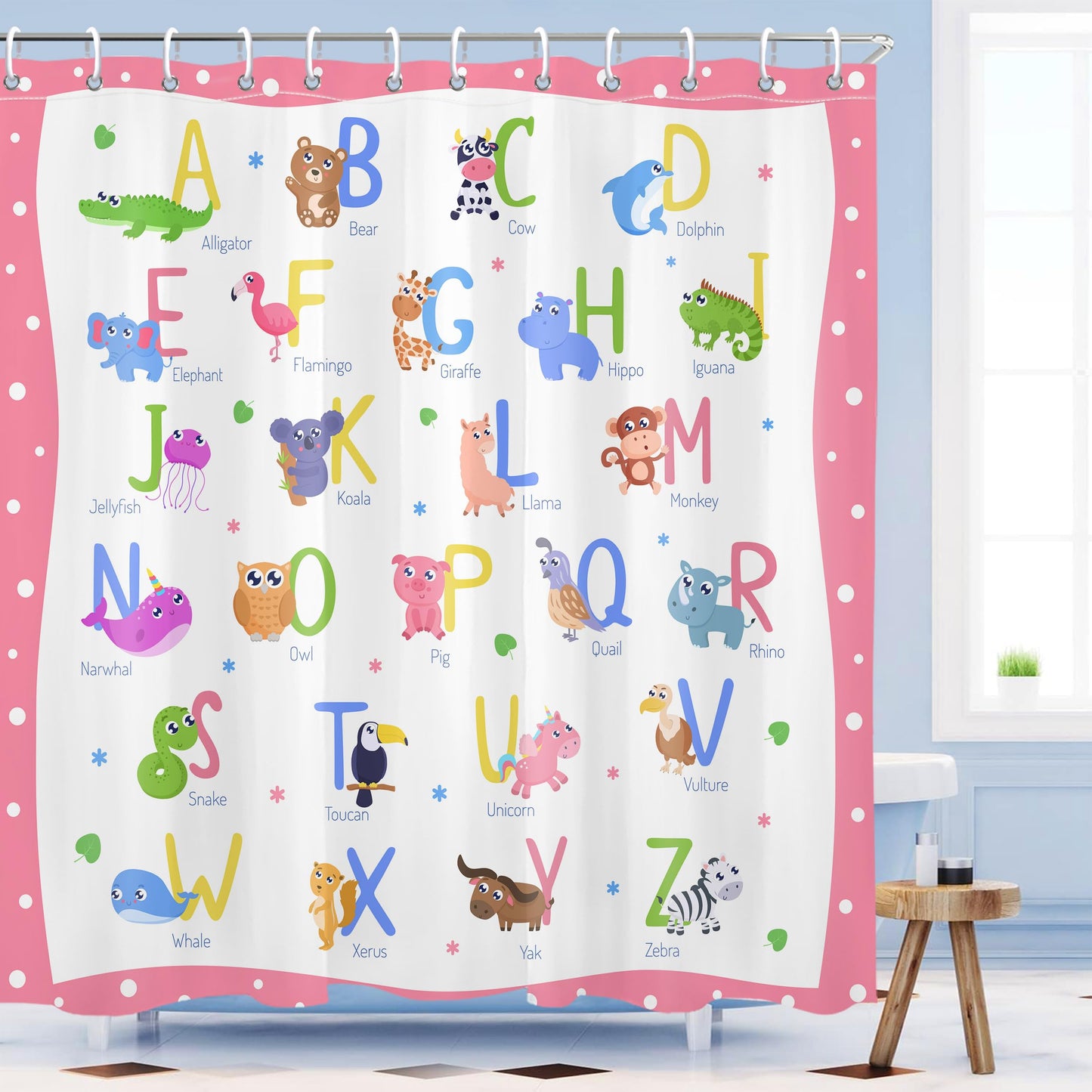 Mayormyth Kids ABC Shower Curtain Cute Alphabet Animal Educational Learning Shower Curtains for Girls Boys Cartoon Polka Dots Bathroom Curtain Polyester Waterproof Cloth Fabric with Hooks 72x72 Inches