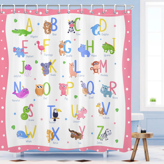 Mayormyth Kids ABC Shower Curtain Cute Alphabet Animal Educational Learning Shower Curtains for Girls Boys Cartoon Polka Dots Bathroom Curtain Polyester Waterproof Cloth Fabric with Hooks 72x72 Inches